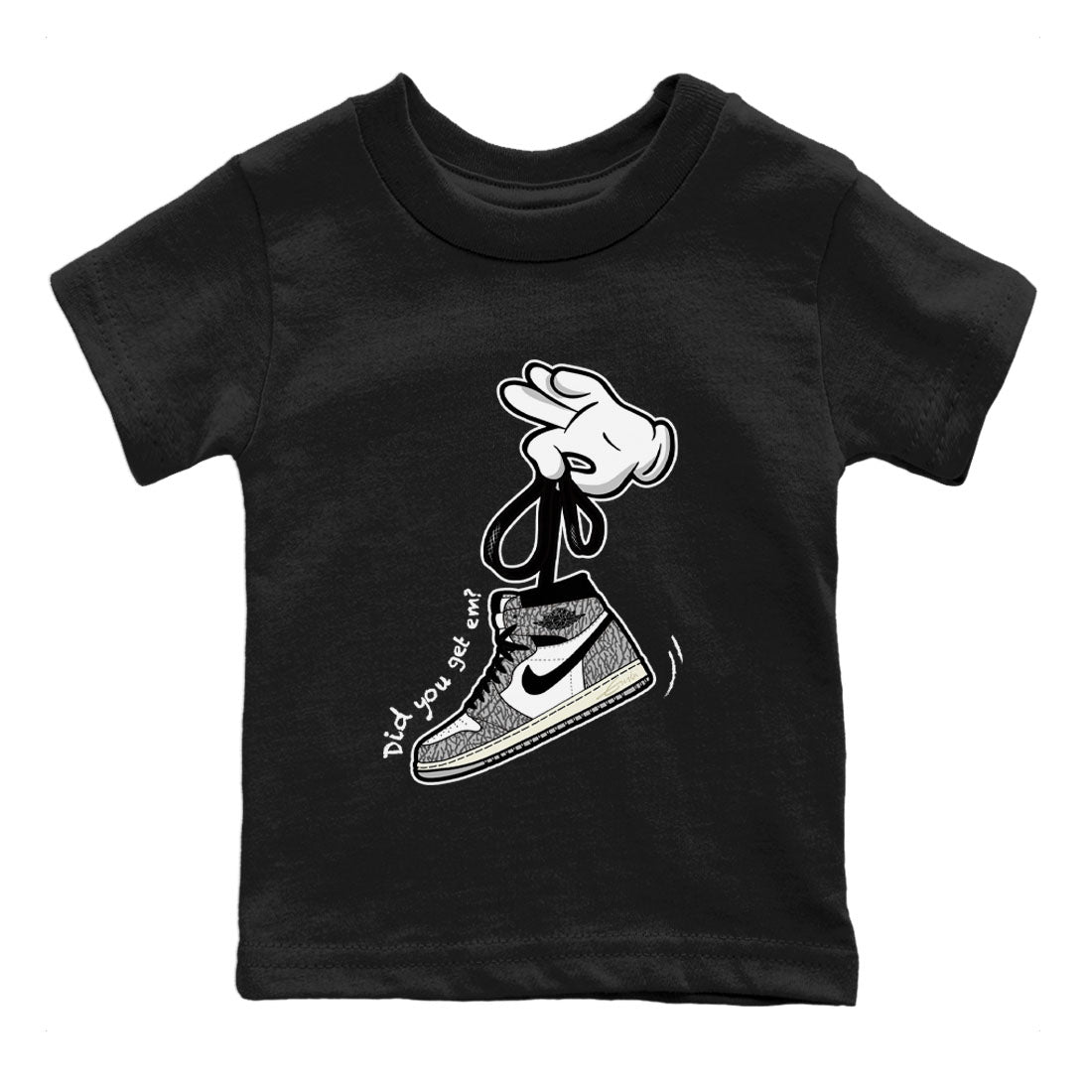 Air Jordan 1 White Cement Sneaker Match Tees Cartoon Hands Sneaker Tees Air Jordan 1 High OG White Cement Sneaker Release Tees Kids Shirts Black 2