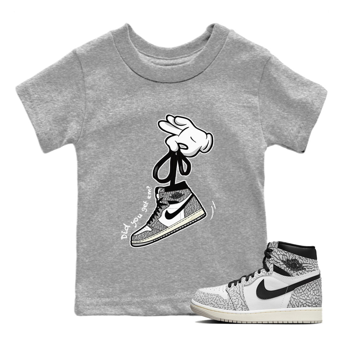 Air Jordan 1 White Cement Sneaker Match Tees Cartoon Hands Sneaker Tees Air Jordan 1 High OG White Cement Sneaker Release Tees Kids Shirts Heather Grey 1