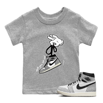 Air Jordan 1 White Cement Sneaker Match Tees Cartoon Hands Sneaker Tees Air Jordan 1 High OG White Cement Sneaker Release Tees Kids Shirts Heather Grey 1