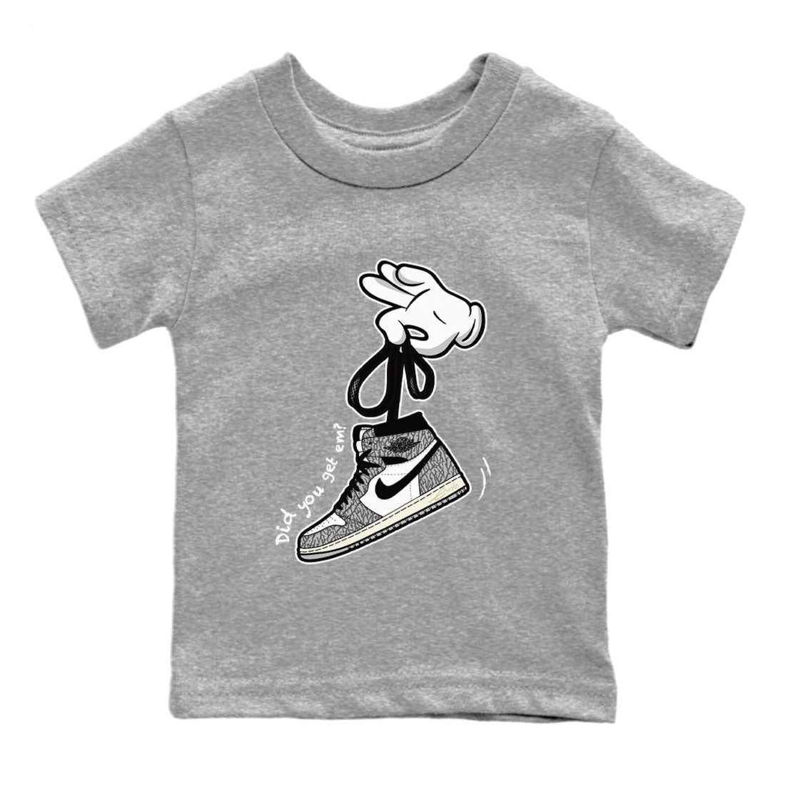 Air Jordan 1 White Cement Sneaker Match Tees Cartoon Hands Sneaker Tees Air Jordan 1 High OG White Cement Sneaker Release Tees Kids Shirts Heather Grey 2