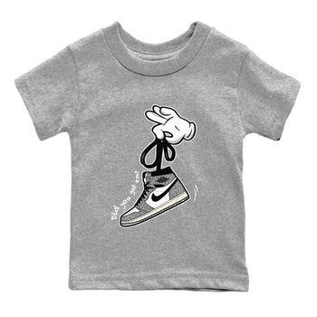 Air Jordan 1 White Cement Sneaker Match Tees Cartoon Hands Sneaker Tees Air Jordan 1 High OG White Cement Sneaker Release Tees Kids Shirts Heather Grey 2