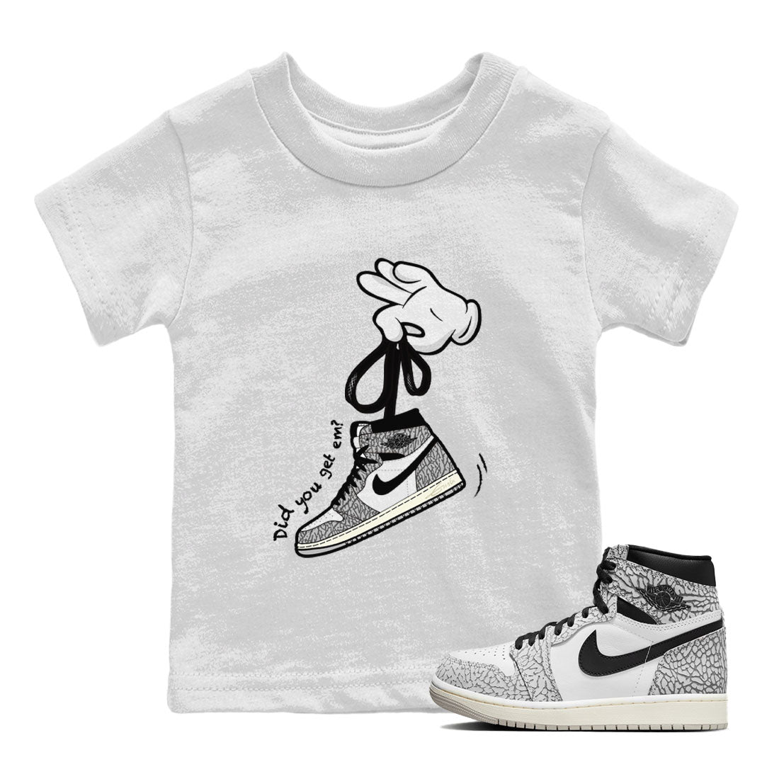 Air Jordan 1 White Cement Sneaker Match Tees Cartoon Hands Sneaker Tees Air Jordan 1 High OG White Cement Sneaker Release Tees Kids Shirts White 1