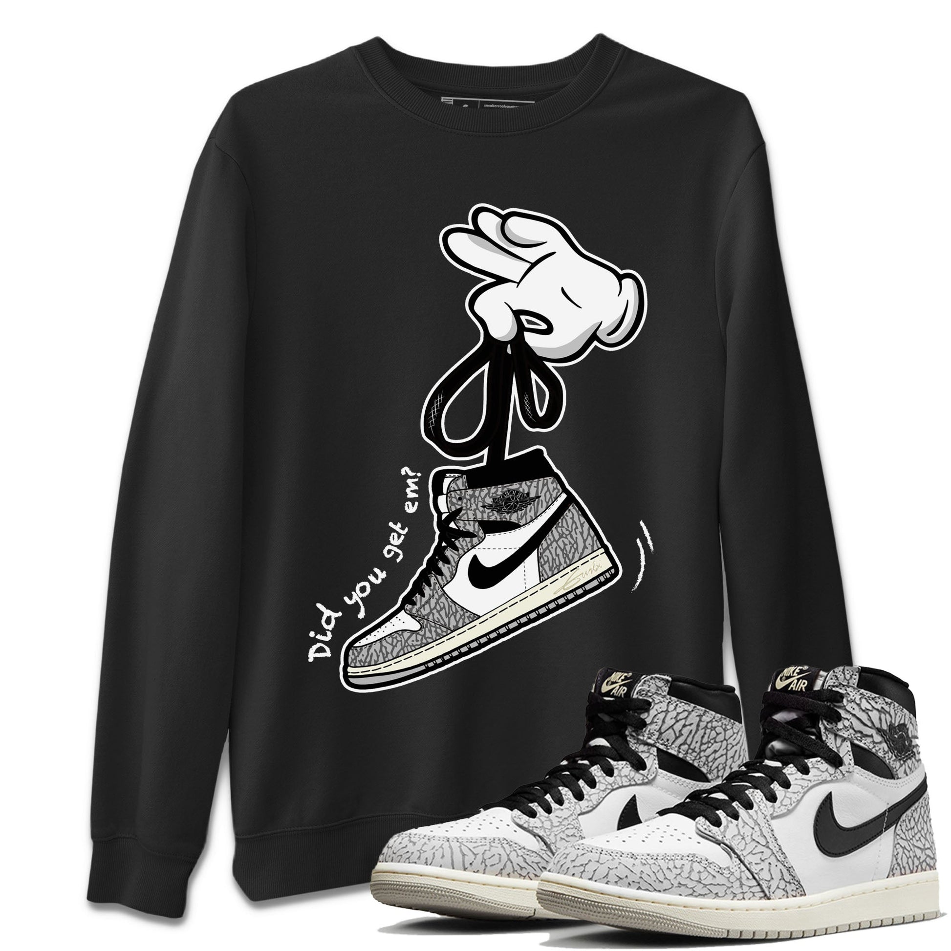 Air Jordan 1 White Cement Sneaker Match Tees Cartoon Hands Sneaker Tees Air Jordan 1 High OG White Cement Sneaker Release Tees Unisex Shirts Black 1