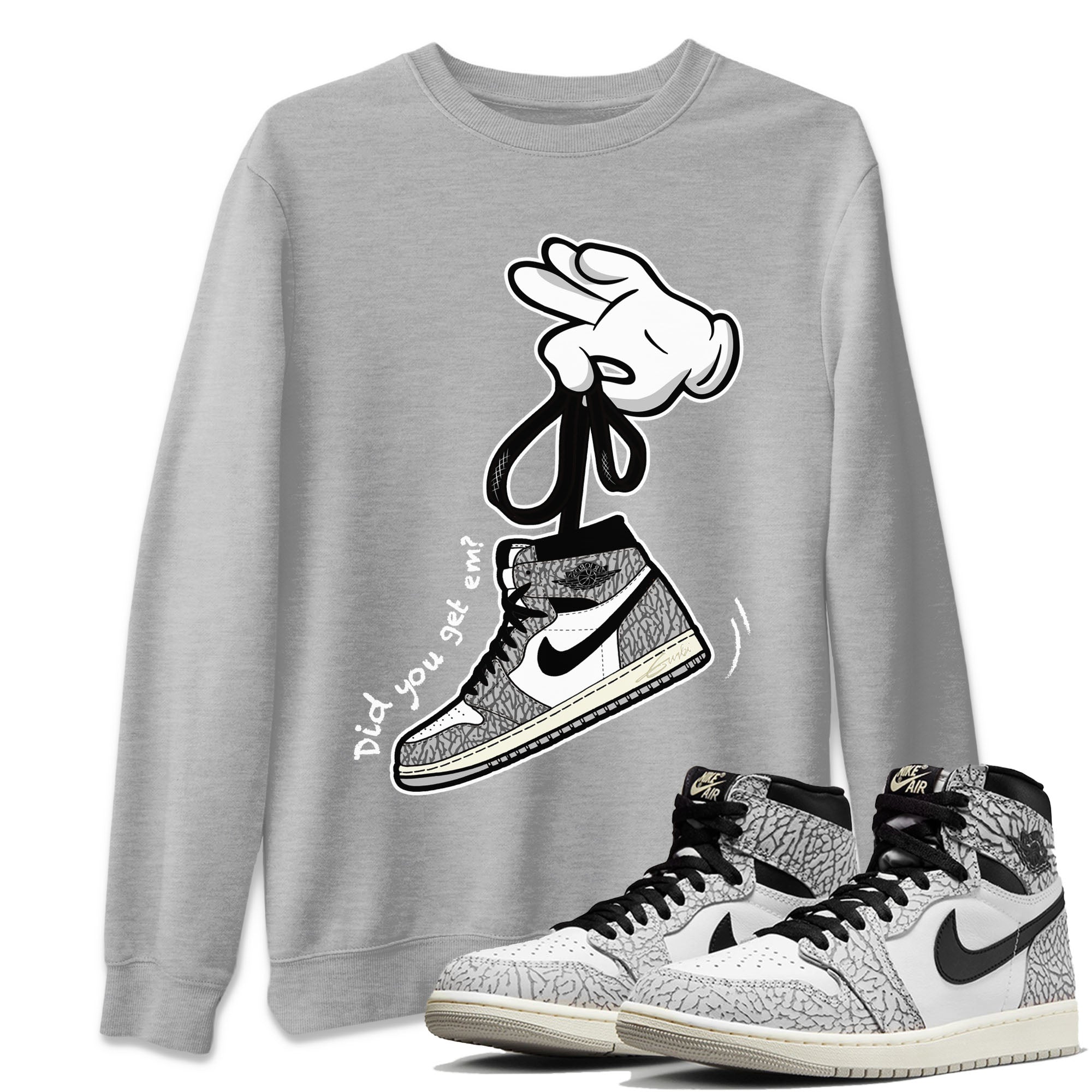 Air Jordan 1 White Cement Sneaker Match Tees Cartoon Hands Sneaker Tees Air Jordan 1 High OG White Cement Sneaker Release Tees Unisex Shirts Heather Grey 1