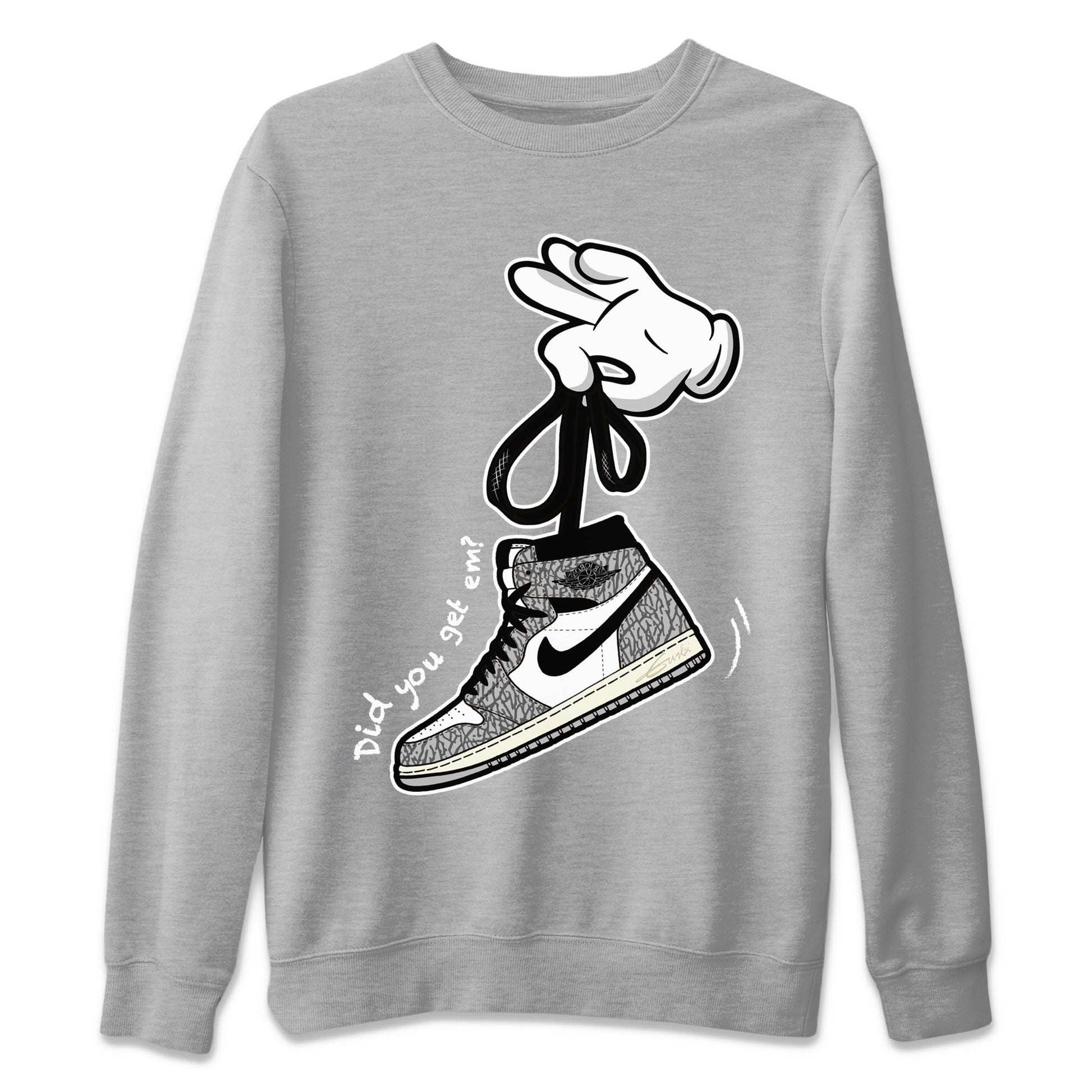 Air Jordan 1 White Cement Sneaker Match Tees Cartoon Hands Sneaker Tees Air Jordan 1 High OG White Cement Sneaker Release Tees Unisex Shirts Heather Grey 2