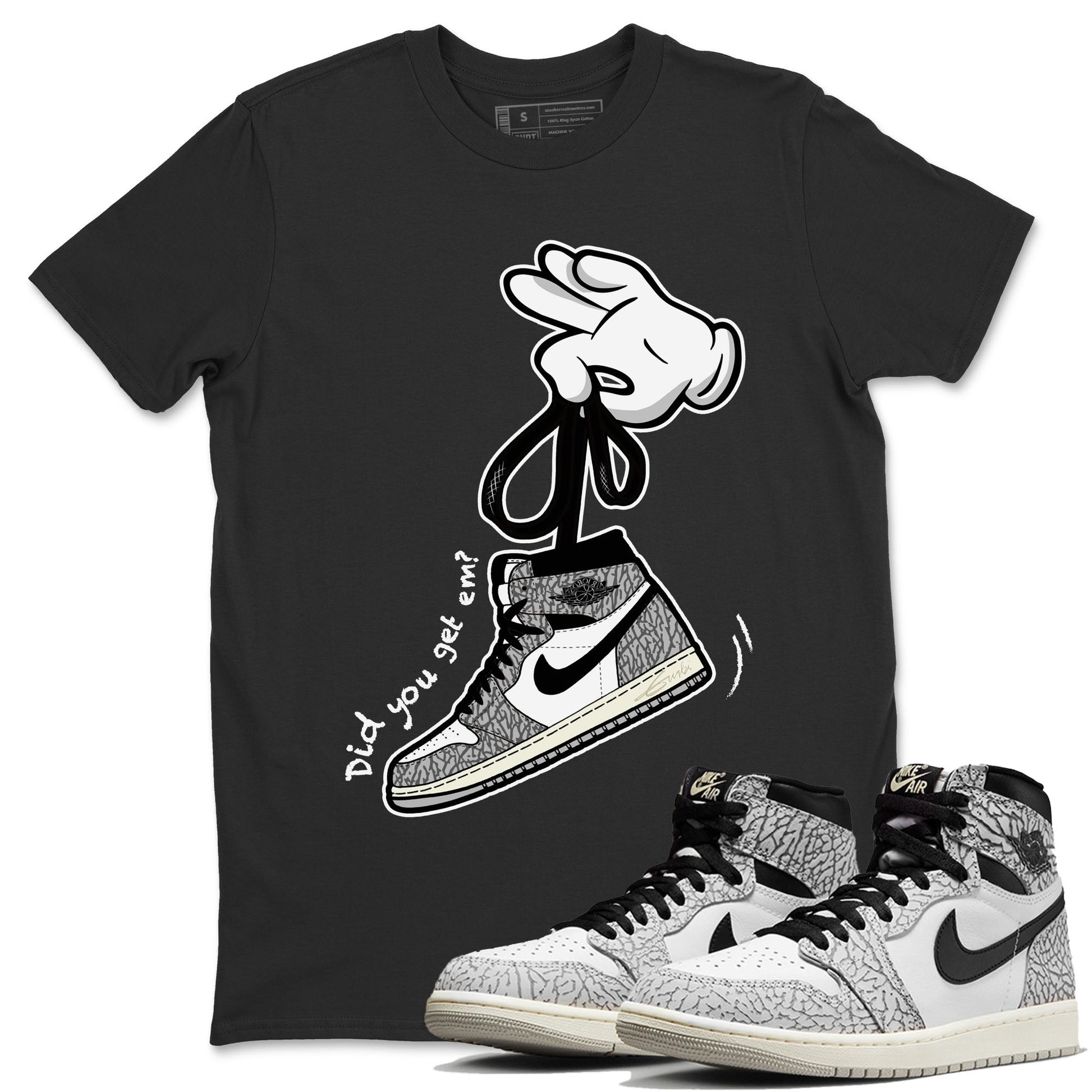 Air Jordan 1 White Cement Sneaker Match Tees Cartoon Hands Sneaker Tees Air Jordan 1 High OG White Cement Sneaker Release Tees Unisex Shirts Black 1