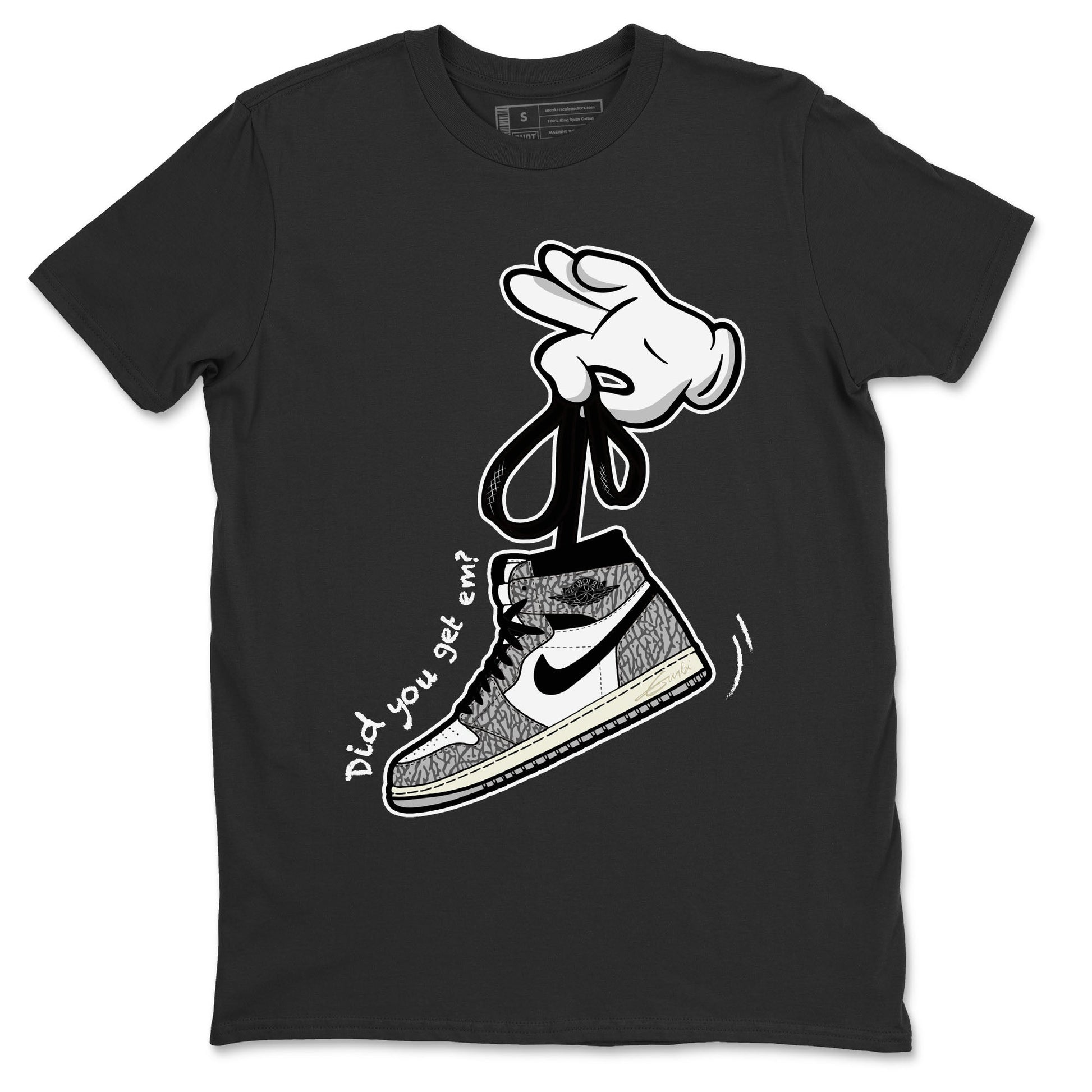 Air Jordan 1 White Cement Sneaker Match Tees Cartoon Hands Sneaker Tees Air Jordan 1 High OG White Cement Sneaker Release Tees Unisex Shirts Black 2