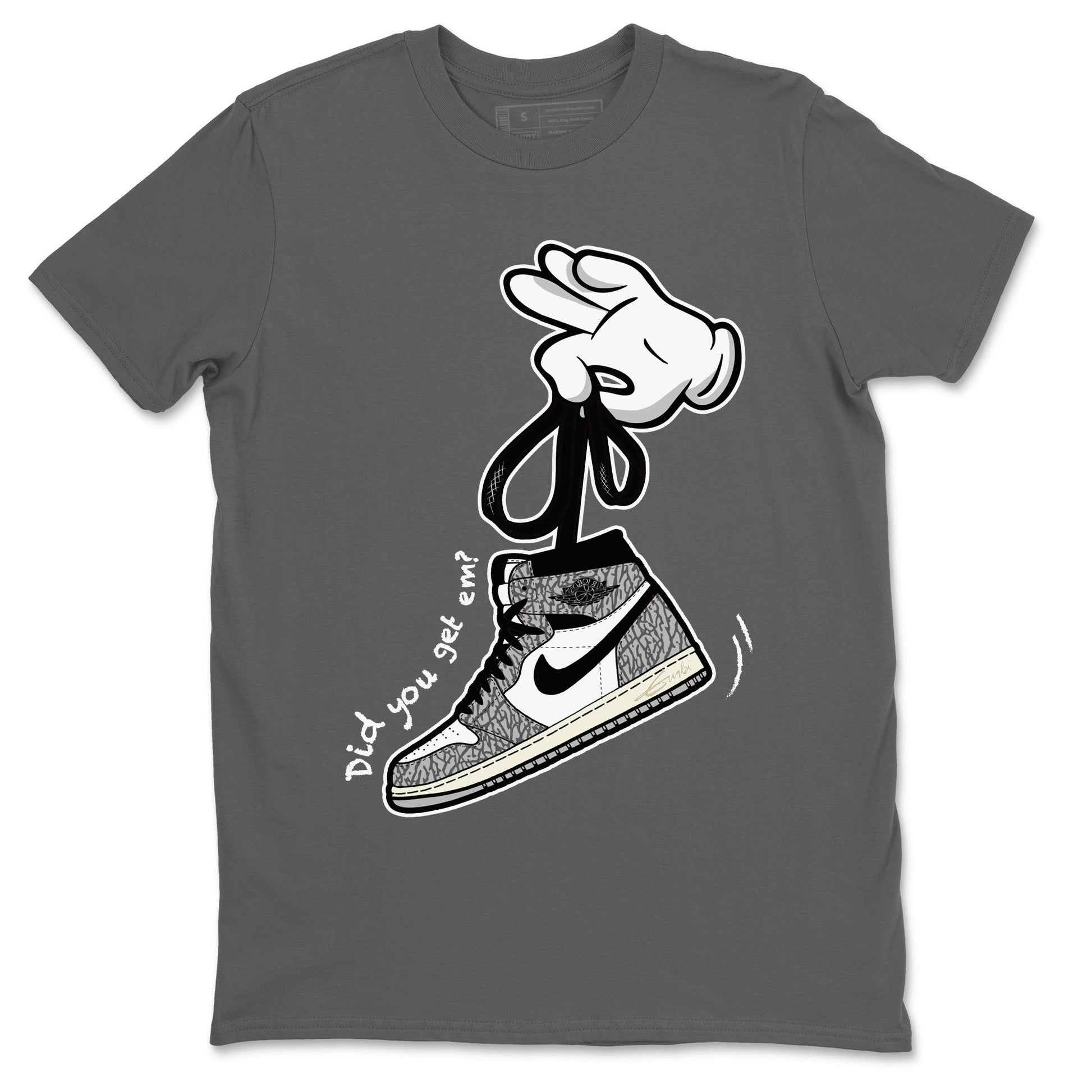 Air Jordan 1 White Cement Sneaker Match Tees Cartoon Hands Sneaker Tees Air Jordan 1 High OG White Cement Sneaker Release Tees Unisex Shirts Cool Grey 2