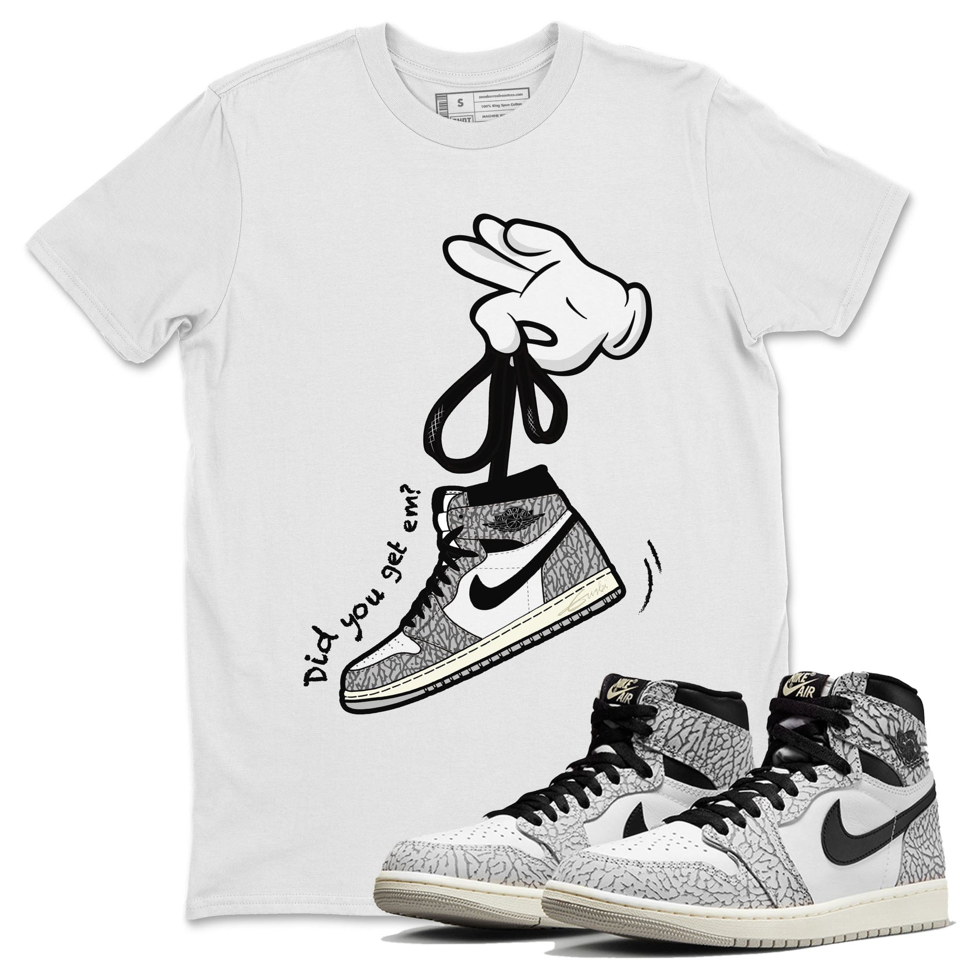 Air Jordan 1 White Cement Sneaker Match Tees Cartoon Hands Sneaker Tees Air Jordan 1 High OG White Cement Sneaker Release Tees Unisex Shirts White 1