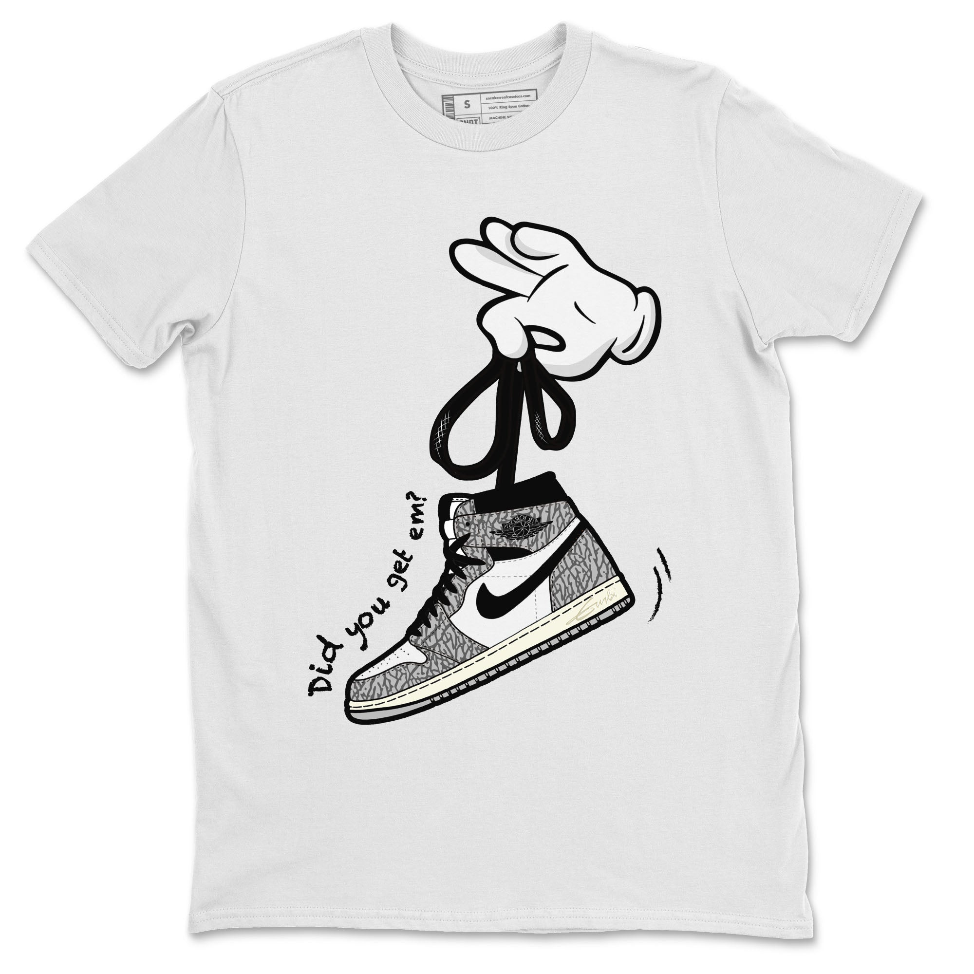 Air Jordan 1 White Cement Sneaker Match Tees Cartoon Hands Sneaker Tees Air Jordan 1 High OG White Cement Sneaker Release Tees Unisex Shirts White 2