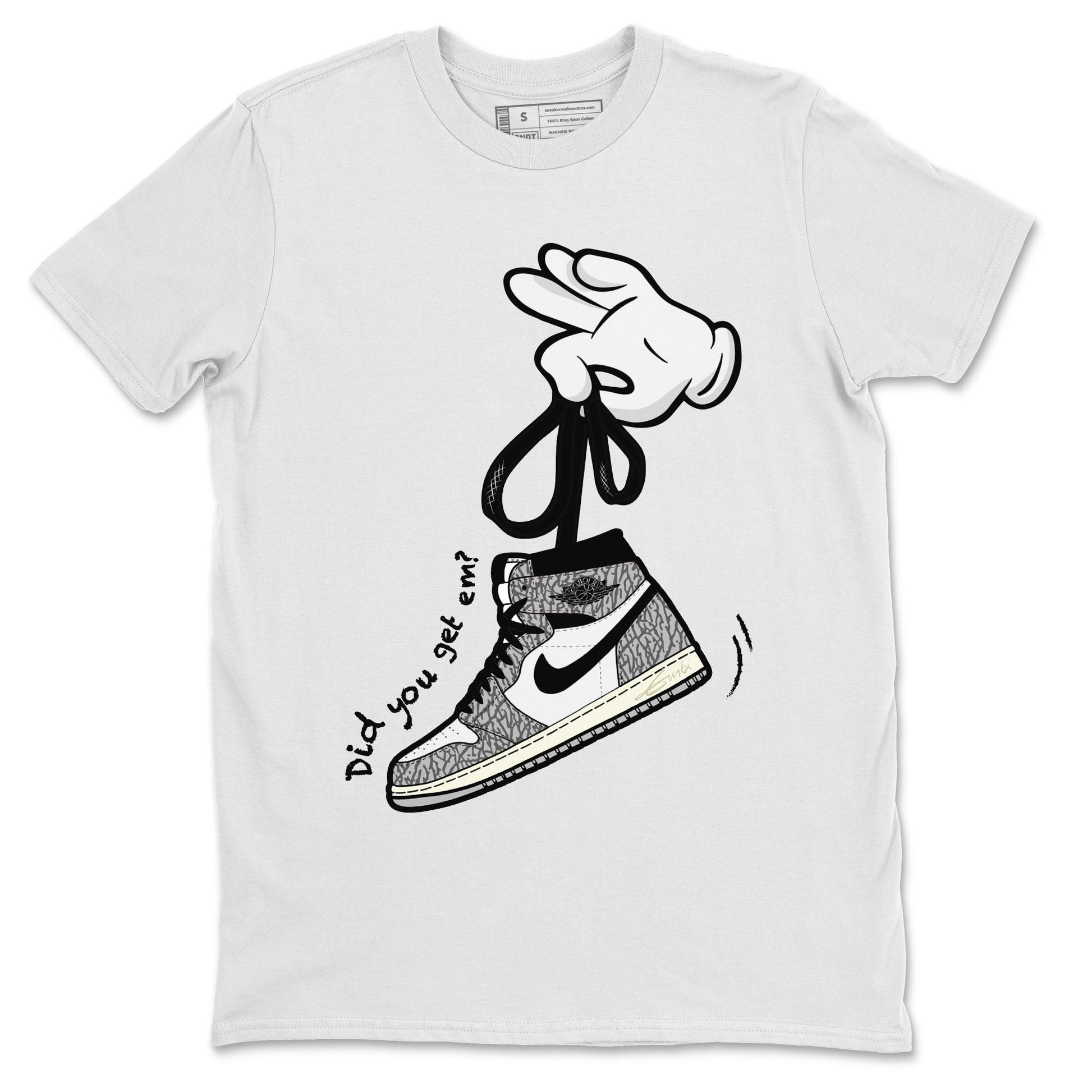 Air Jordan 1 White Cement Sneaker Match Tees Cartoon Hands Sneaker Tees Air Jordan 1 High OG White Cement Sneaker Release Tees Unisex Shirts White 2
