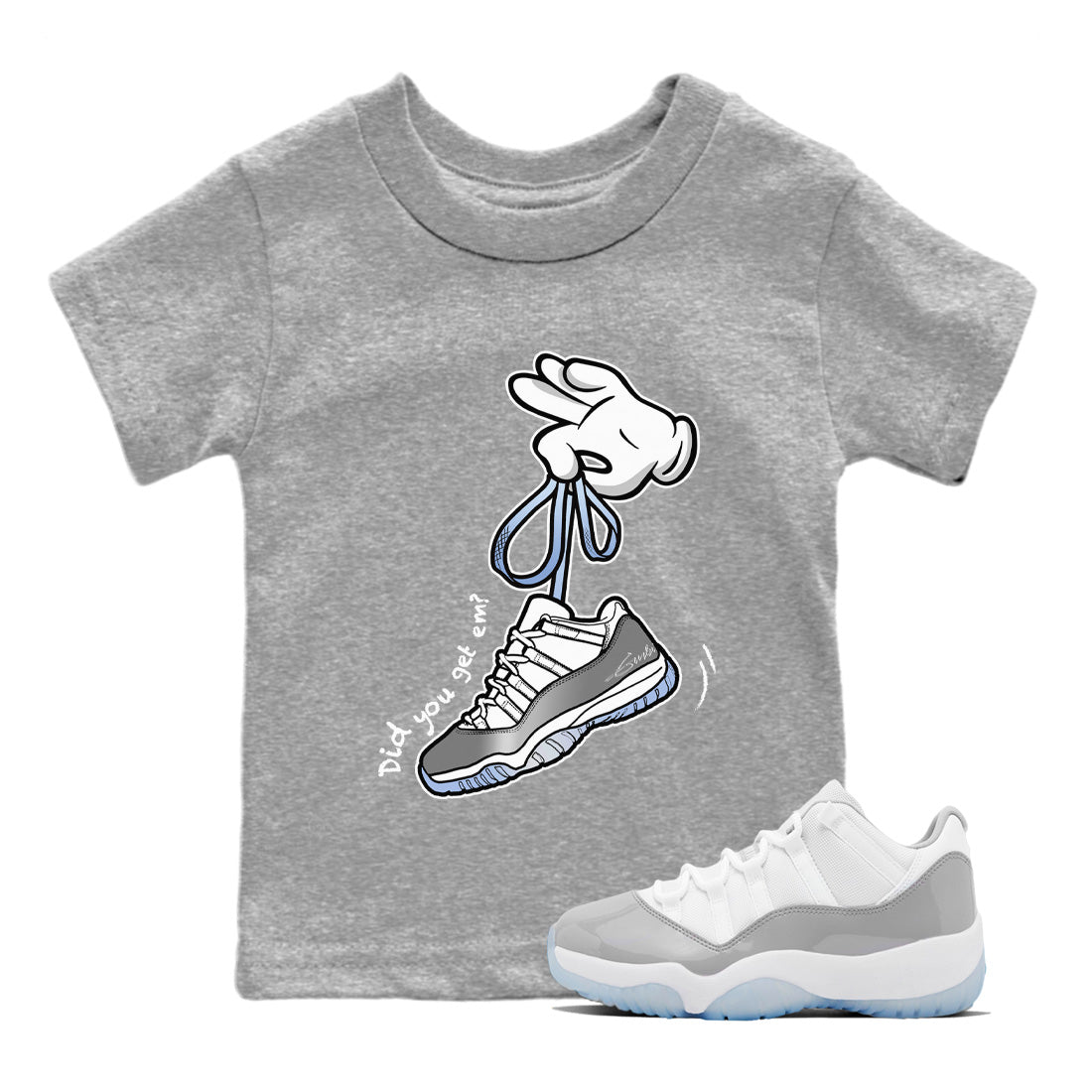 Air Jordan 11 White Cement Sneaker Match Tees Cartoon Hands Sneaker Tees Air Jordan 11 Cement Grey Sneaker Release Tees Kids Shirts Heather Grey 1