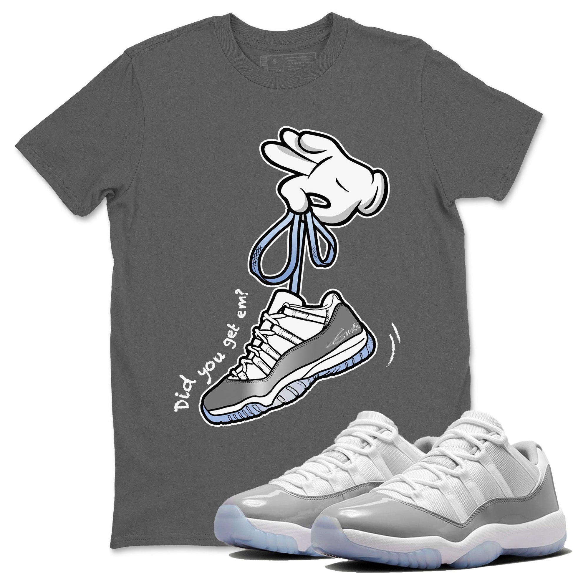 Air Jordan 11 White Cement Sneaker Match Tees Cartoon Hands Sneaker Tees Air Jordan 11 Cement Grey Sneaker Release Tees Unisex Shirts Cool Grey 1