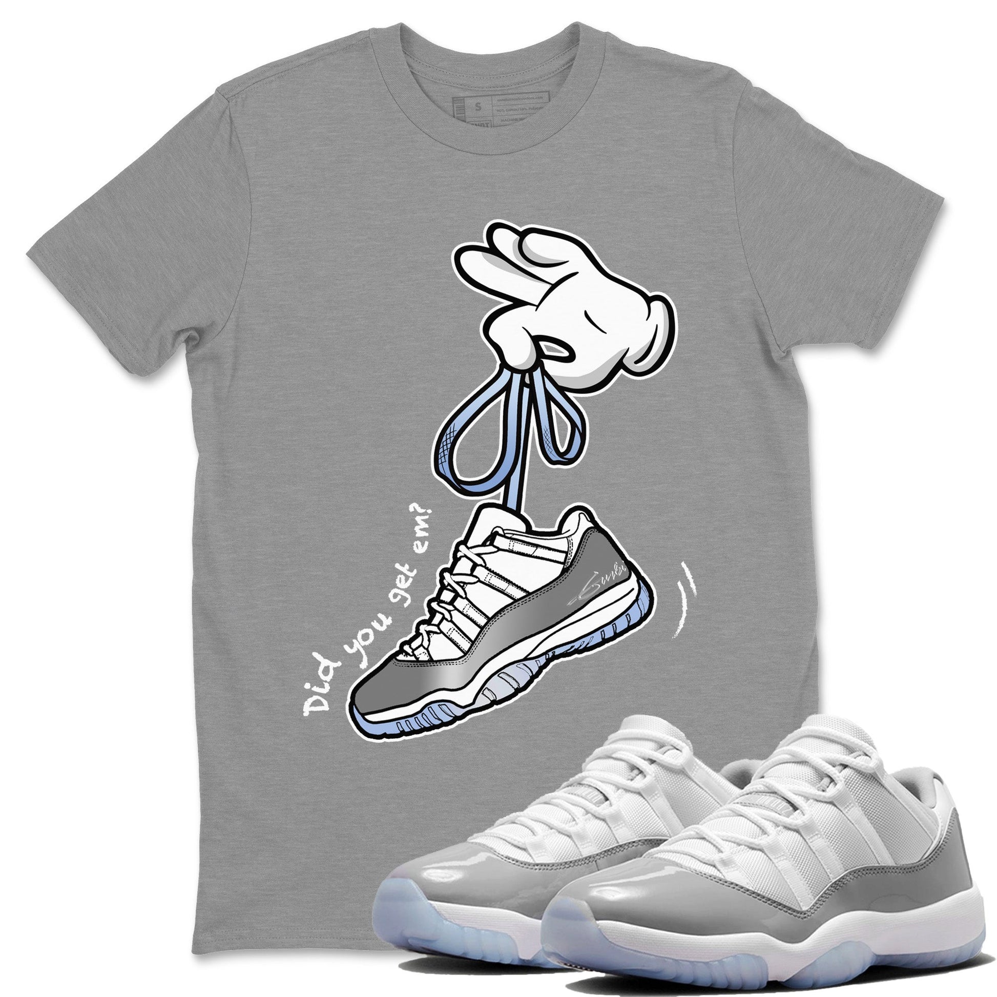 Air Jordan 11 White Cement Sneaker Match Tees Cartoon Hands Sneaker Tees Air Jordan 11 Cement Grey Sneaker Release Tees Unisex Shirts Heather Grey 1