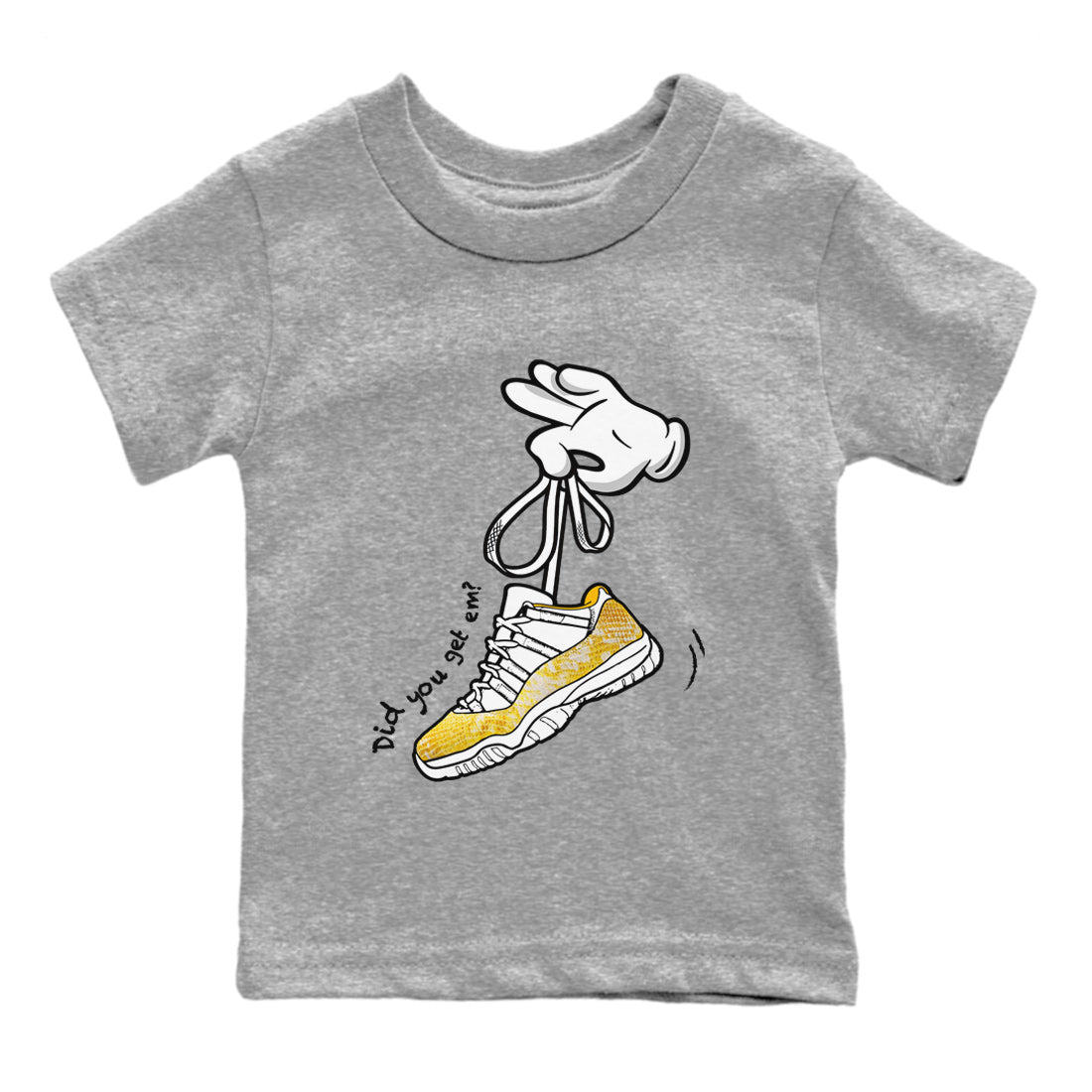 Air Jordan 11 Yellow Python Sneaker Match Tees Cartoon Hands Sneaker Tees Air Jordan 11 Yellow Python Sneaker Release Tees Kids Shirts Heather Grey 2