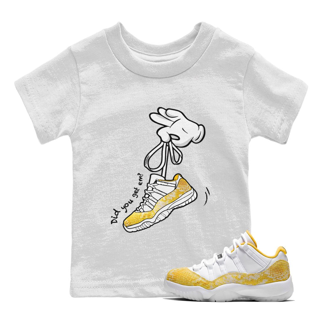 Air Jordan 11 Yellow Python Sneaker Match Tees Cartoon Hands Sneaker Tees Air Jordan 11 Yellow Python Sneaker Release Tees Kids Shirts White 1