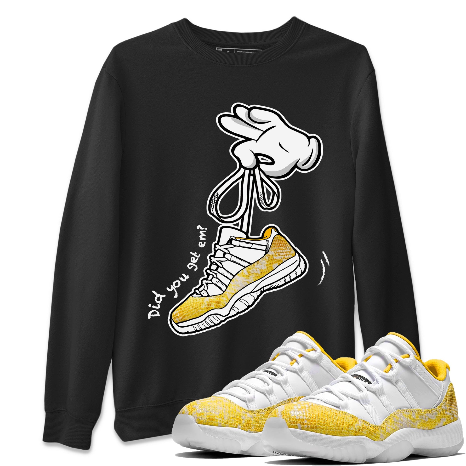Air Jordan 11 Yellow Python Sneaker Match Tees Cartoon Hands Sneaker Tees Air Jordan 11 Yellow Python Sneaker Release Tees Unisex Shirts Black 1