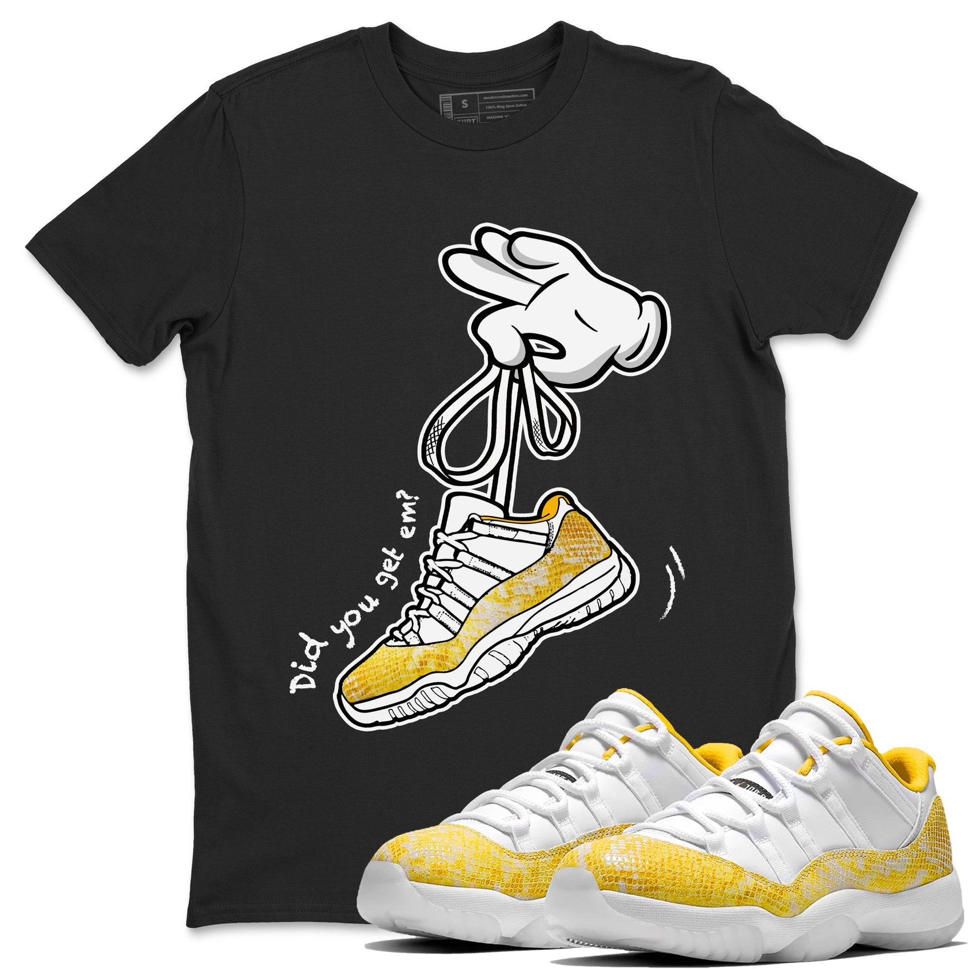 Air Jordan 11 Yellow Python Sneaker Match Tees Cartoon Hands Sneaker Tees Air Jordan 11 Yellow Python Sneaker Release Tees Unisex Shirts Black 1