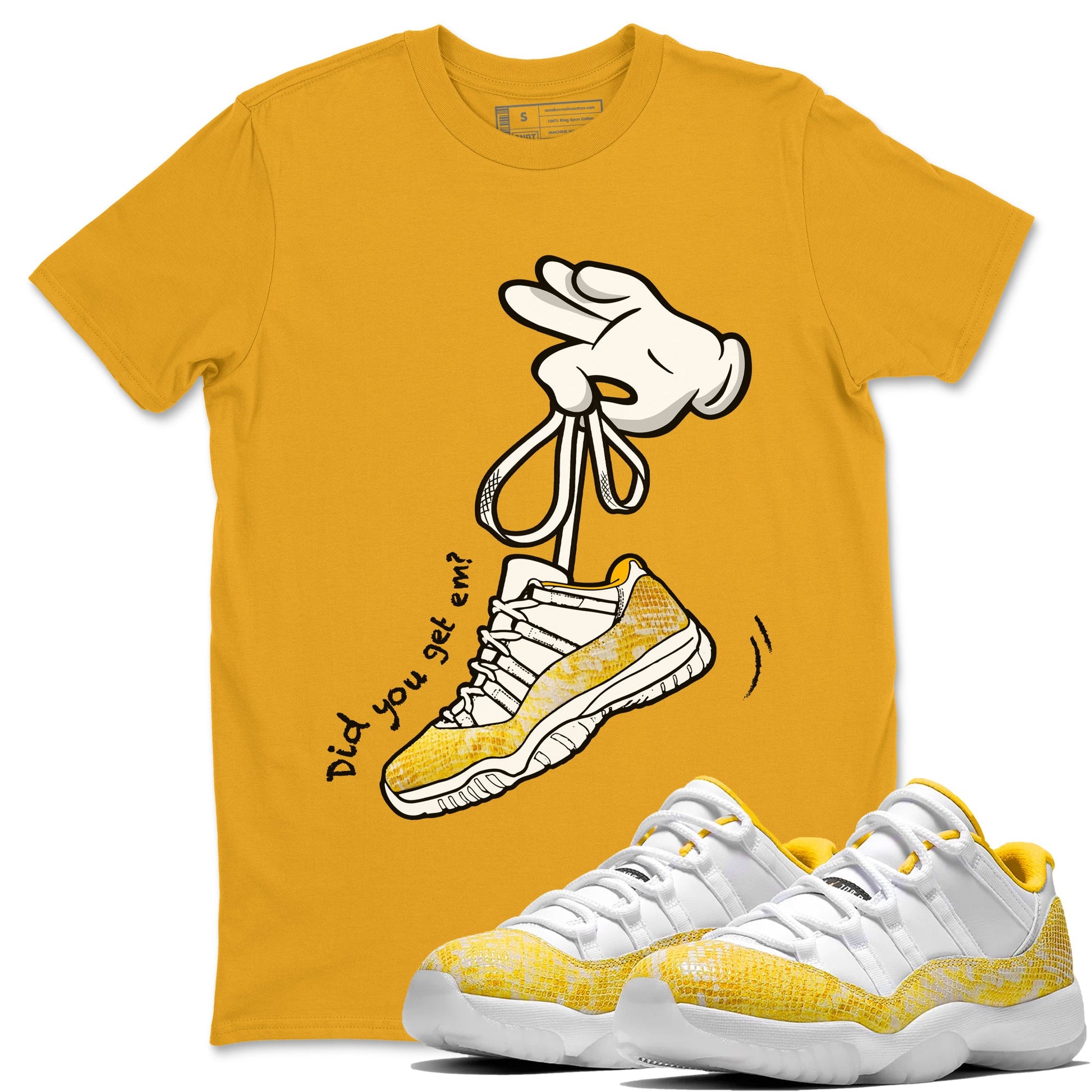 Air Jordan 11 Yellow Python Sneaker Match Tees Cartoon Hands Sneaker Tees Air Jordan 11 Yellow Python Sneaker Release Tees Unisex Shirts Gold 1