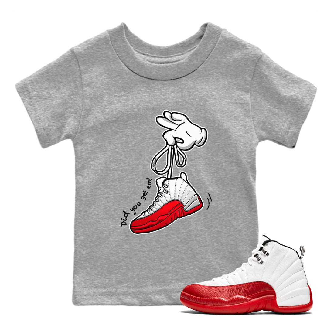 Air Jordan 12 Cherry shirt to match jordans Cartoon Hands sneaker tees AJ12 Cherry SNRT Sneaker Tees Youth Kid's Baby Shirt Heather Grey 1 T-Shirt