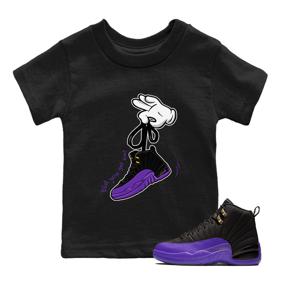 AJ12 Field Purple Sneaker Match Tees Cartoon Hands Sneaker Tees Air Jordan 12 Field Purple SNRT Sneaker Release Tees Kids Shirts Black 1