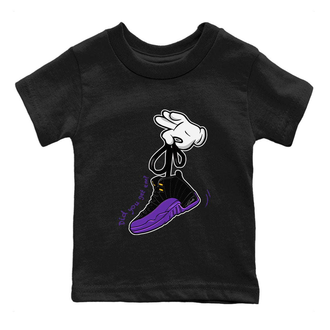 AJ12 Field Purple Sneaker Match Tees Cartoon Hands Sneaker Tees Air Jordan 12 Field Purple SNRT Sneaker Release Tees Kids Shirts Black 2