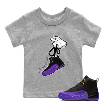 AJ12 Field Purple Sneaker Match Tees Cartoon Hands Sneaker Tees Air Jordan 12 Field Purple SNRT Sneaker Release Tees Kids Shirts Heather Grey 1