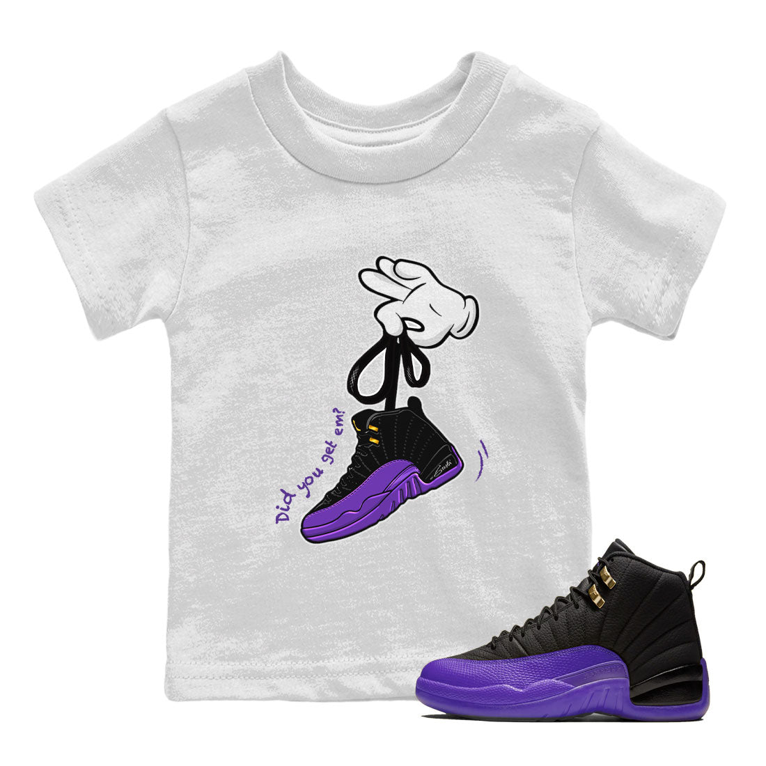AJ12 Field Purple Sneaker Match Tees Cartoon Hands Sneaker Tees Air Jordan 12 Field Purple SNRT Sneaker Release Tees Kids Shirts White 1