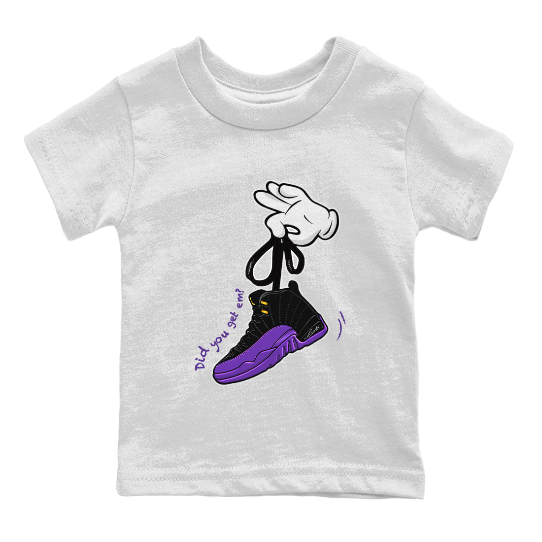 AJ12 Field Purple Sneaker Match Tees Cartoon Hands Sneaker Tees Air Jordan 12 Field Purple SNRT Sneaker Release Tees Kids Shirts White 2