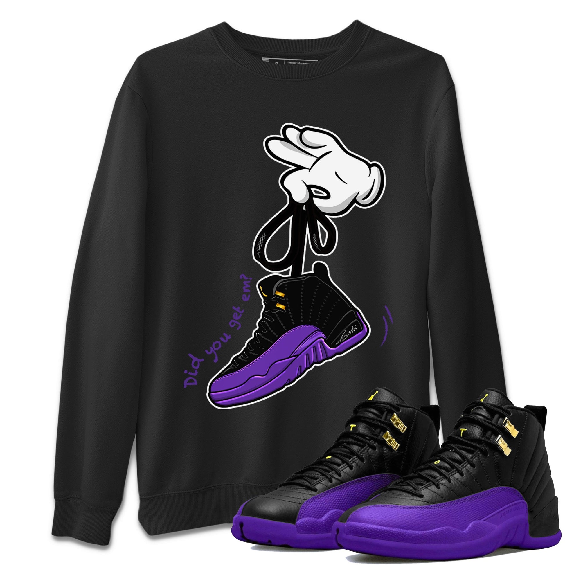 AJ12 Field Purple Sneaker Match Tees Cartoon Hands Sneaker Tees Air Jordan 12 Field Purple SNRT Sneaker Release Tees Unisex Shirts Black 1