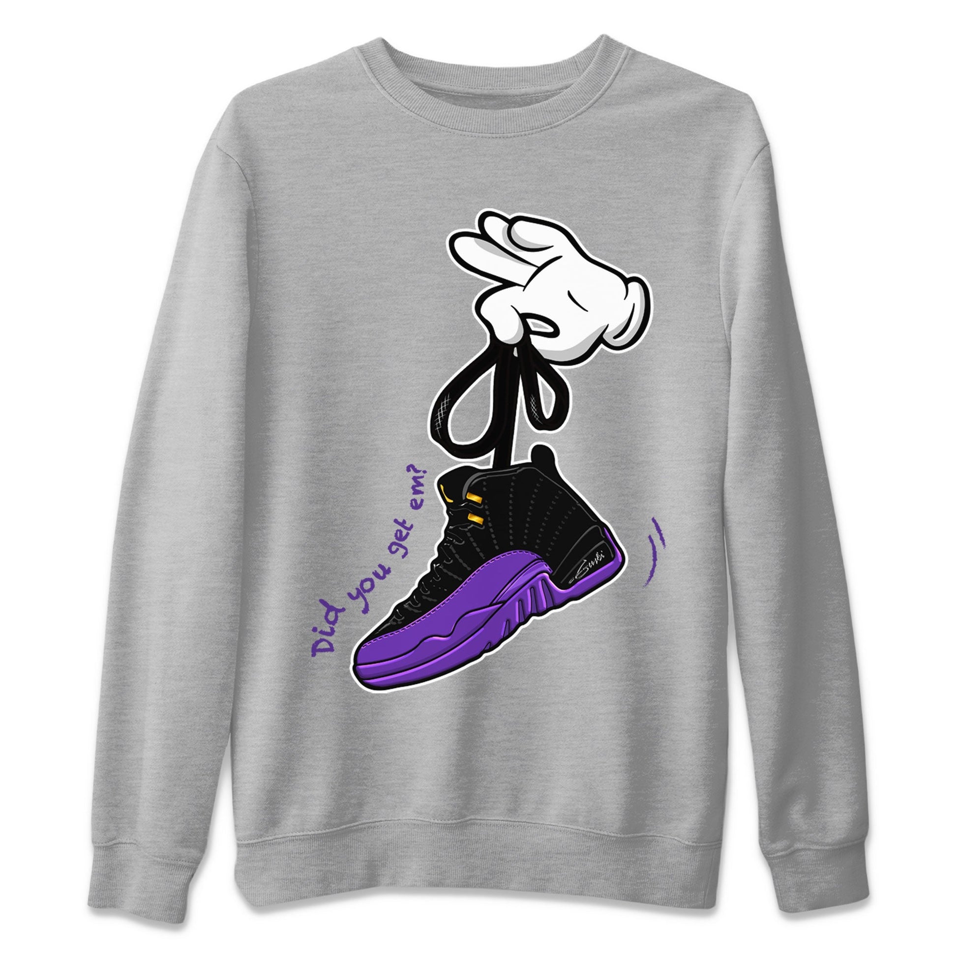 AJ12 Field Purple Sneaker Match Tees Cartoon Hands Sneaker Tees Air Jordan 12 Field Purple SNRT Sneaker Release Tees Unisex Shirts Heather Grey 2