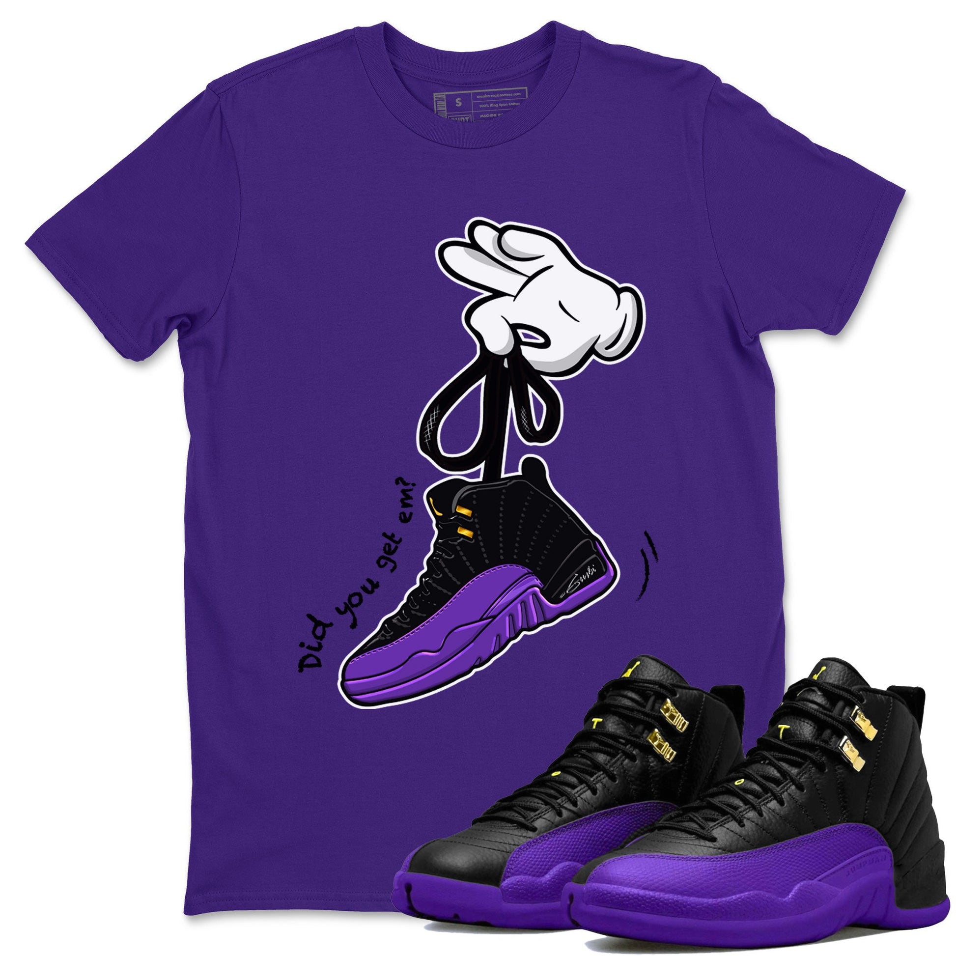 AJ12 Field Purple Sneaker Match Tees Cartoon Hands Sneaker Tees Air Jordan 12 Field Purple SNRT Sneaker Release Tees Unisex Shirts Purple 1