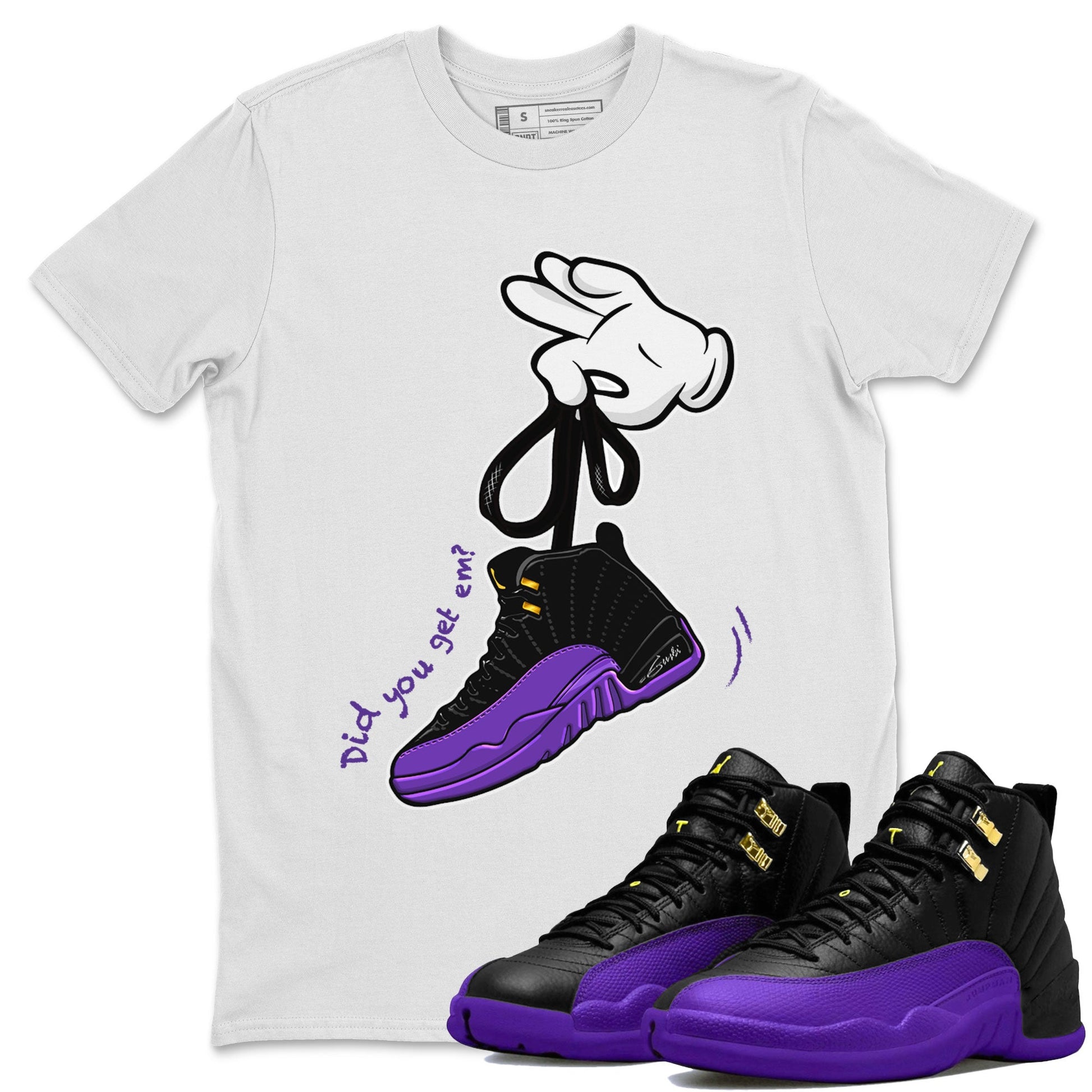 AJ12 Field Purple Sneaker Match Tees Cartoon Hands Sneaker Tees Air Jordan 12 Field Purple SNRT Sneaker Release Tees Unisex Shirts White 1