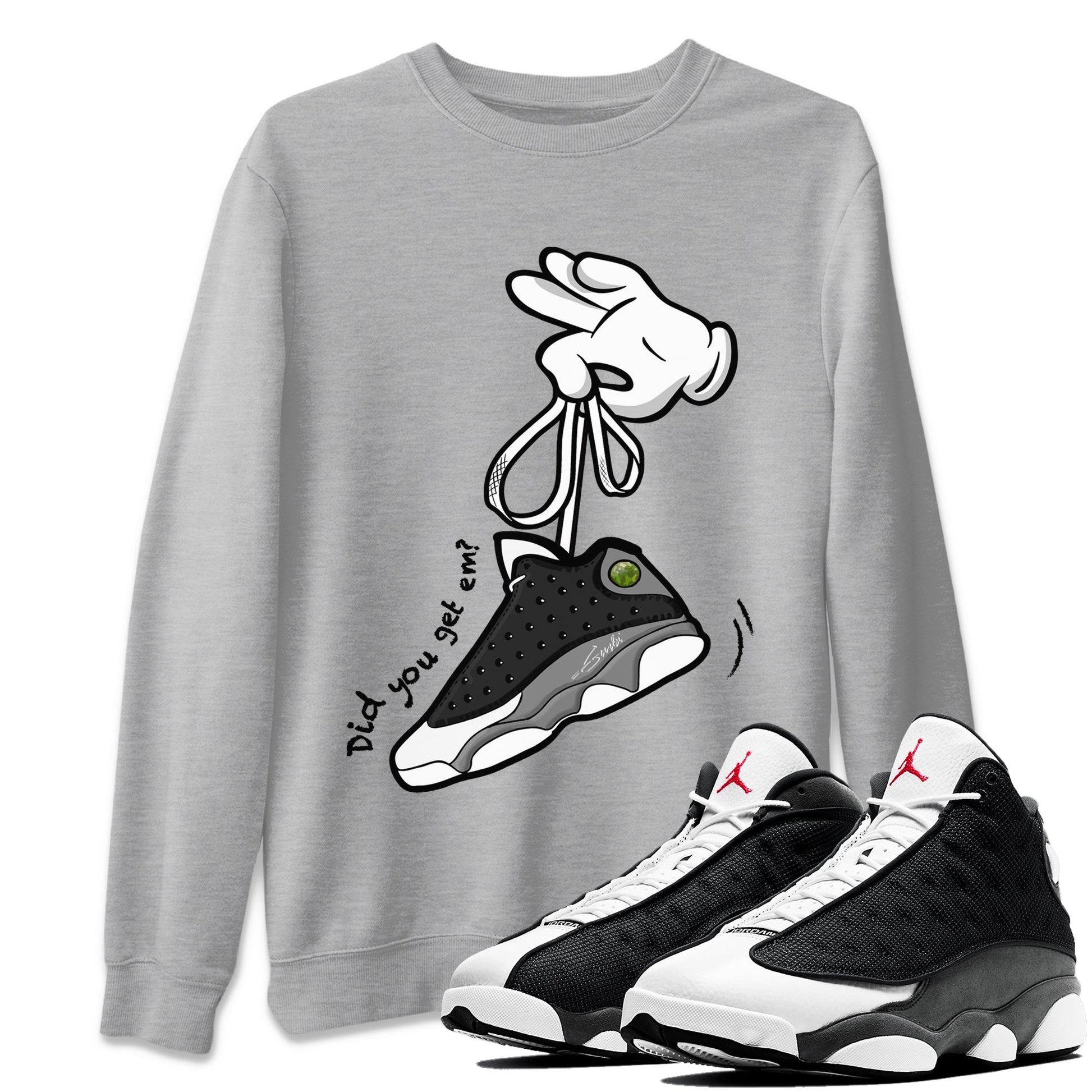 Air Jordan 13 Black Flint Sneaker Match Tees Cartoon Hands Sneaker Tees Air Jordan 13 Retro Black Flint Tee Unisex Shirts Heather Grey 1