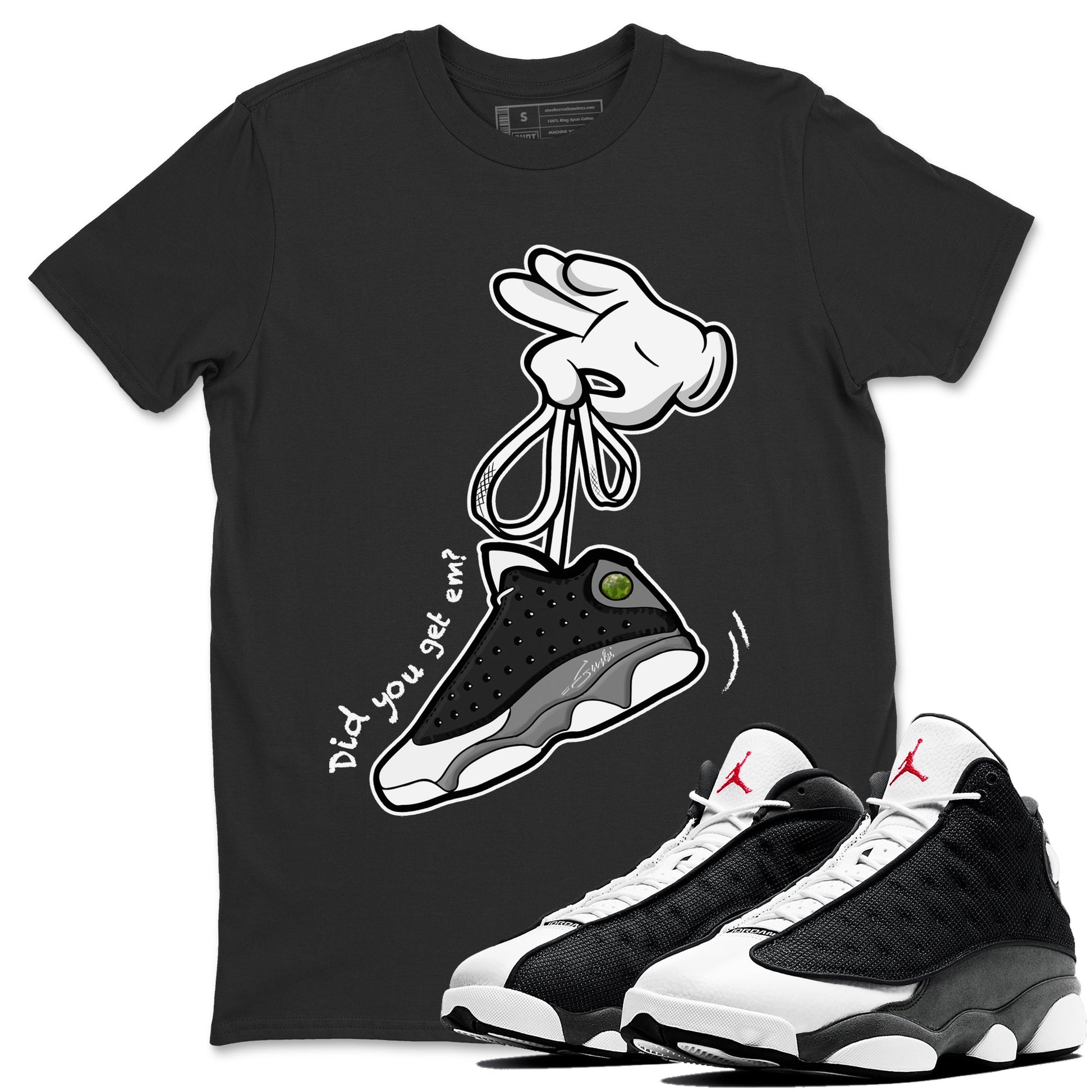 Air Jordan 13 Black Flint Sneaker Match Tees Cartoon Hands Sneaker Tees Air Jordan 13 Retro Black Flint Tee Unisex Shirts Black 1