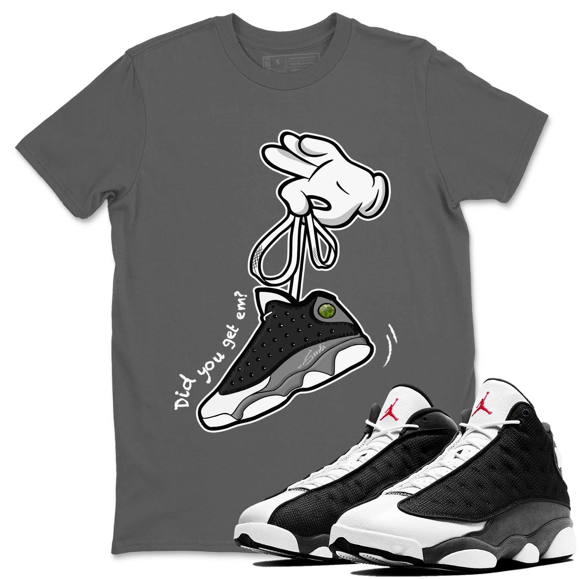 Air Jordan 13 Black Flint Sneaker Match Tees Cartoon Hands Sneaker Tees Air Jordan 13 Retro Black Flint Tee Unisex Shirts Cool Grey 1