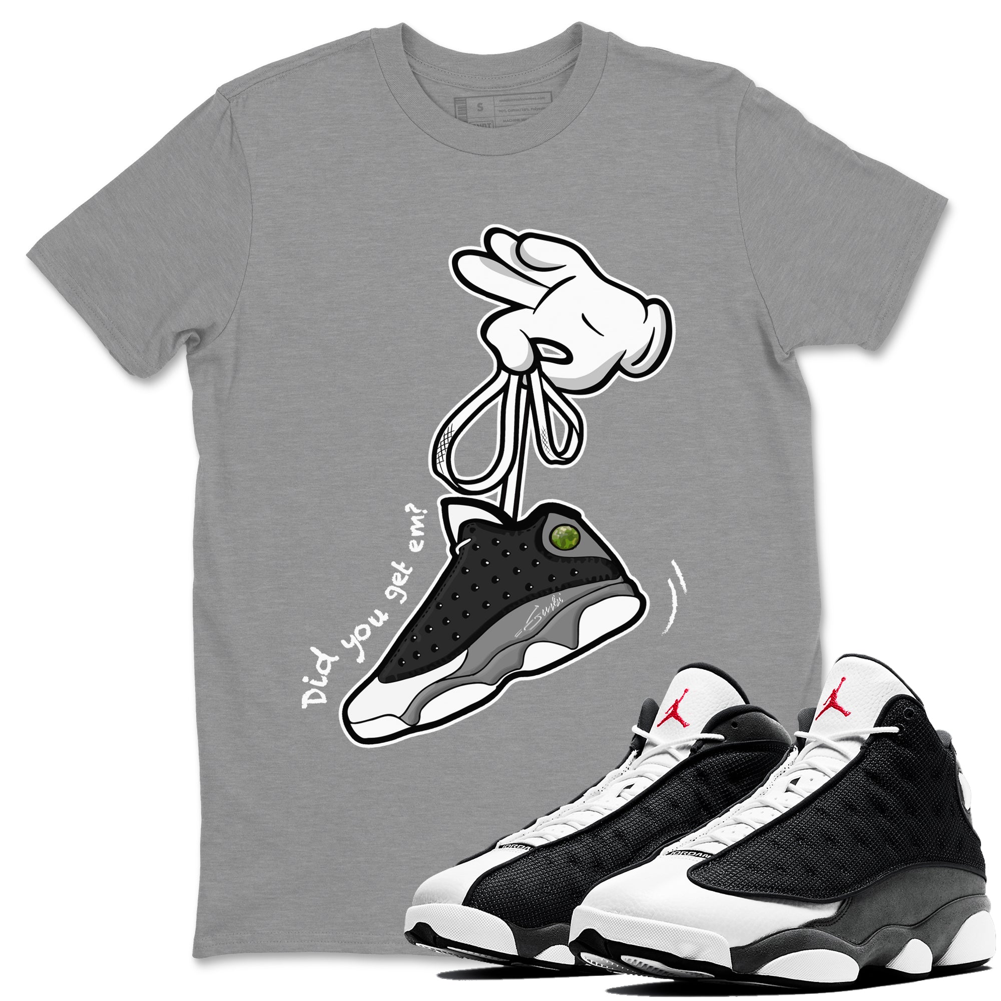 Air Jordan 13 Black Flint Sneaker Match Tees Cartoon Hands Sneaker Tees Air Jordan 13 Retro Black Flint Tee Unisex Shirts Heather Grey 1