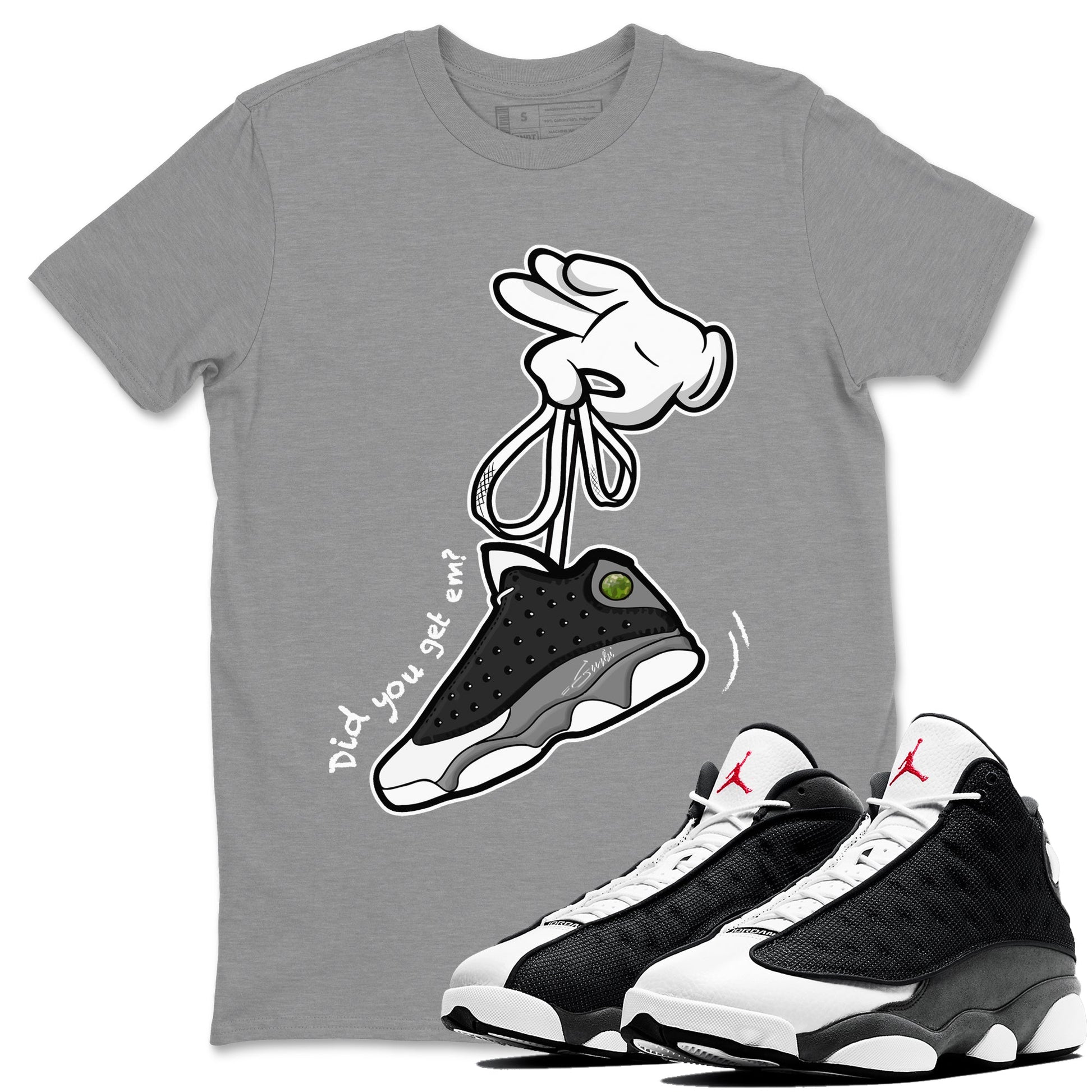 Air Jordan 13 Black Flint Sneaker Match Tees Cartoon Hands Sneaker Tees Air Jordan 13 Retro Black Flint Tee Unisex Shirts Heather Grey 1