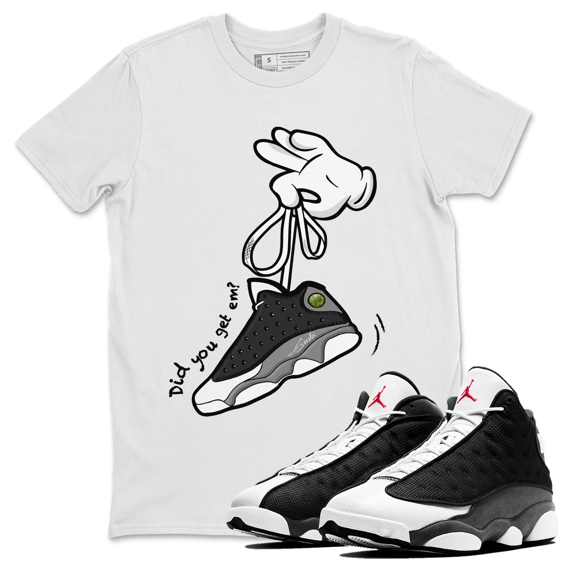Air Jordan 13 Black Flint Sneaker Match Tees Cartoon Hands Sneaker Tees Air Jordan 13 Retro Black Flint Tee Unisex Shirts White 1