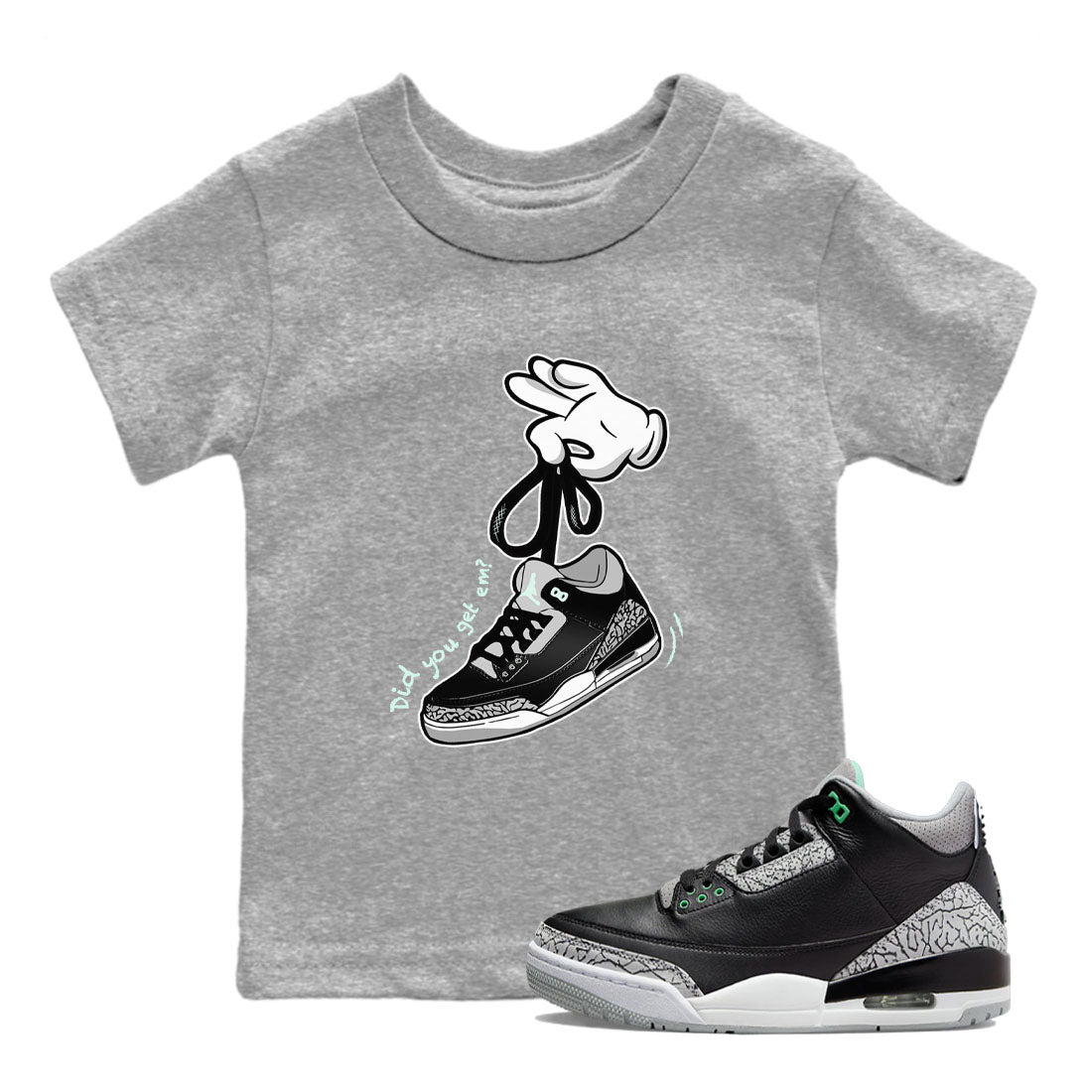 3s Green Glow shirt to match jordans Cartoon Hands sneaker tees Air Jordan 3 Green Glow SNRT sneaker release tees baby toddler Heather Grey 1 cotton Shirt