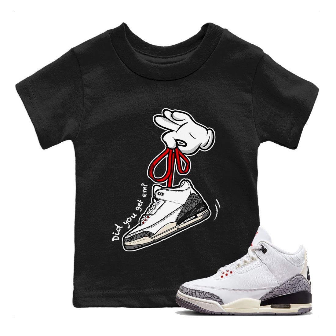 Air Jordan 3 White Cement Sneaker Match Tees Cartoon Hands Sneaker Tees Air Jordan 3 Retro White Cement Sneaker Release Tees Kids Shirts Black 1