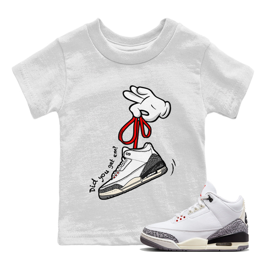 Air Jordan 3 White Cement Sneaker Match Tees Cartoon Hands Sneaker Tees Air Jordan 3 Retro White Cement Sneaker Release Tees Kids Shirts White 1