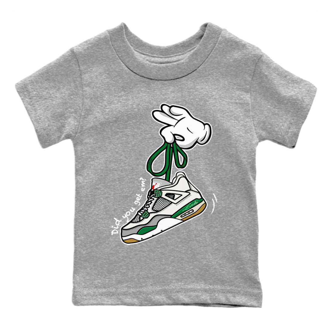 Air Jordan 4 Pine Green Sneaker Match Tees Cartoon Hands Sneaker Tees Nike SB Air Jordan 4 Pine Green Sneaker Release Tees Kids Shirts Heather Grey 2