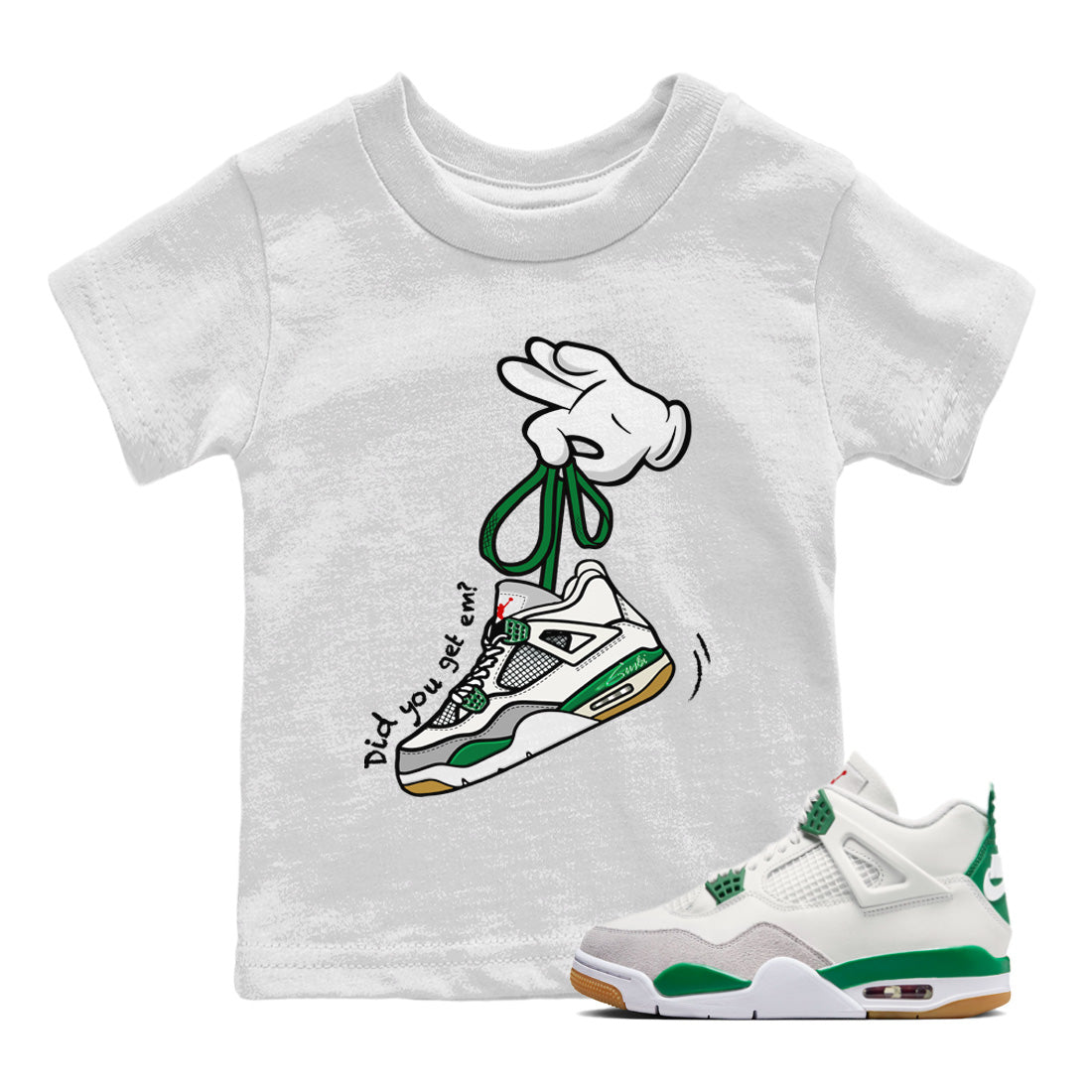 Jordan 4 Pine Green SB Sneaker Match Tees Cartoon Hands Sneaker Tees Nike SB Air Jordan 4 Pine Green Sneaker Tees Sneaker Release Shirts Kids Shirts White 1