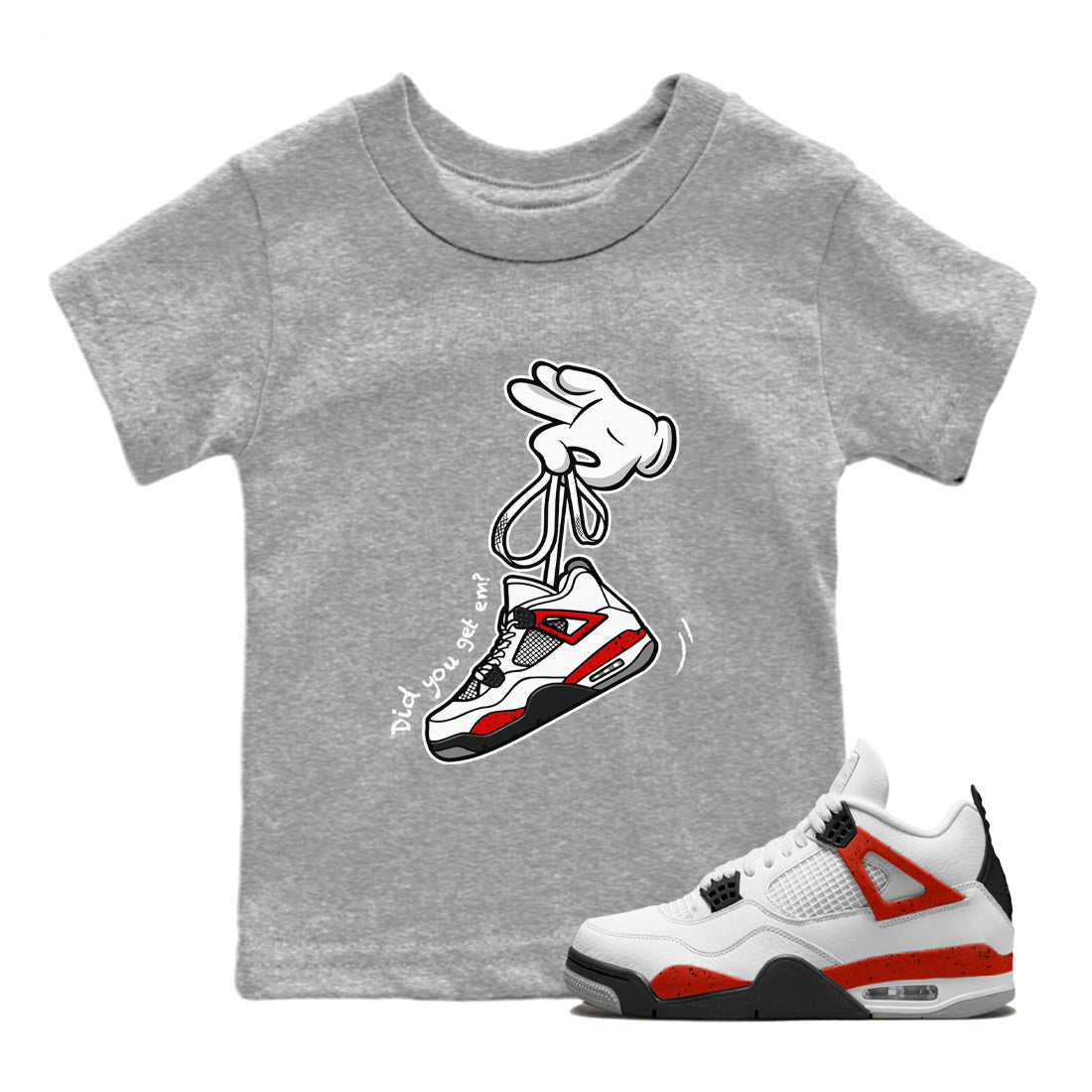 Air Jordan 4 Red Cement Sneaker Match Tees Cartoon Hands Sneaker Tees Air Jordan 4 Retro Red Cement SNRT Sneaker Release Tees Kids Shirts Heather Grey 1