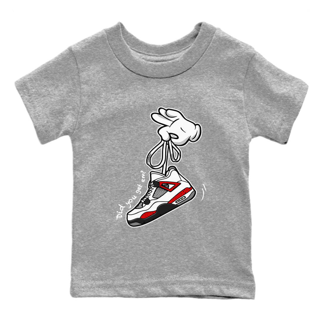 Air Jordan 4 Red Cement Sneaker Match Tees Cartoon Hands Sneaker Tees Air Jordan 4 Retro Red Cement SNRT Sneaker Release Tees Kids Shirts Heather Grey 2