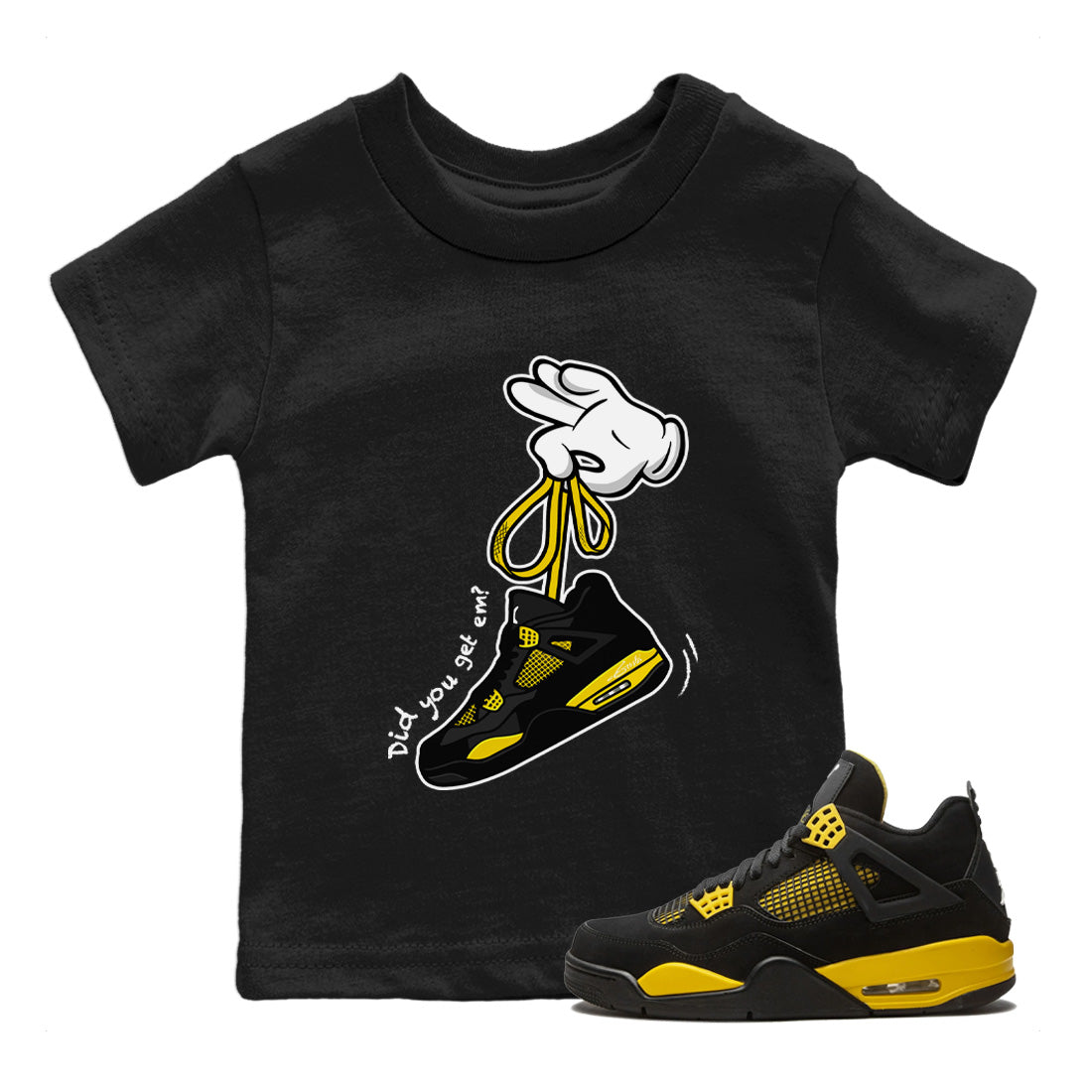 Air Jordan 4 Thunder Sneaker Match Tees Cartoon Hands Sneaker Tees Air Jordan 4 Retro Thunder Sneaker Release Tees Kids Shirts Black 1