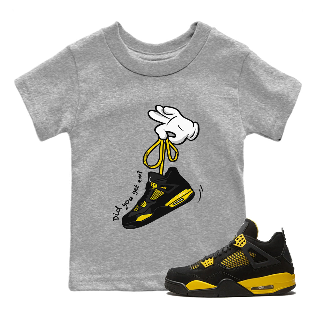 Air Jordan 4 Thunder Sneaker Match Tees Cartoon Hands Sneaker Tees Air Jordan 4 Retro Thunder Sneaker Release Tees Kids Shirts Heather Grey 1