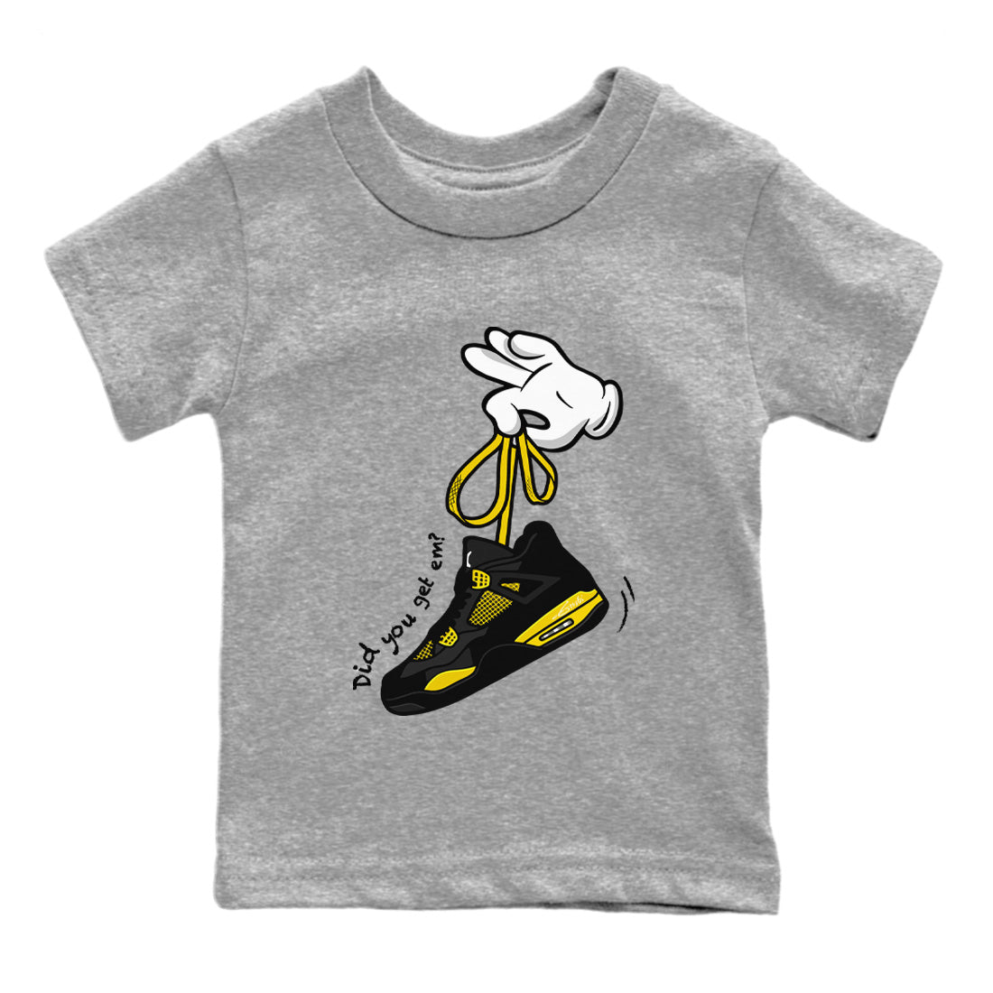 Air Jordan 4 Thunder Sneaker Match Tees Cartoon Hands Sneaker Tees Air Jordan 4 Retro Thunder Sneaker Release Tees Kids Shirts Heather Grey 2