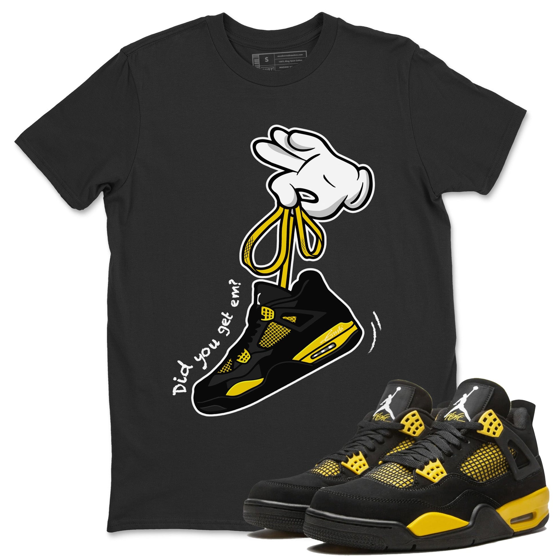 Air Jordan 4 Thunder Sneaker Match Tees Cartoon Hands Sneaker Tees Air Jordan 4 Retro Thunder Sneaker Release Tees Unisex Shirts Black 1